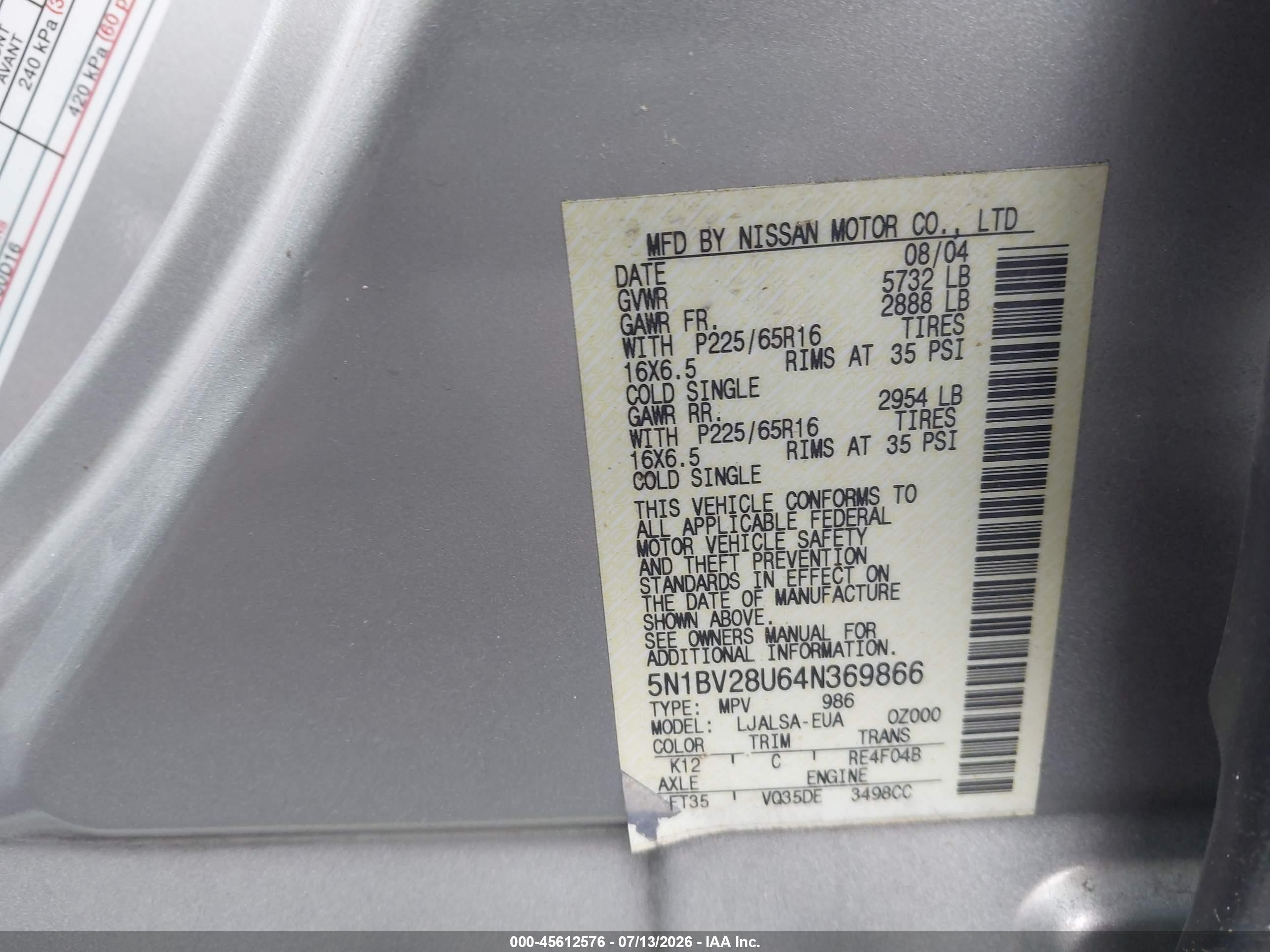 2004 Nissan Quest 3.5 S Silver vin: 5N1BV28U64N369866