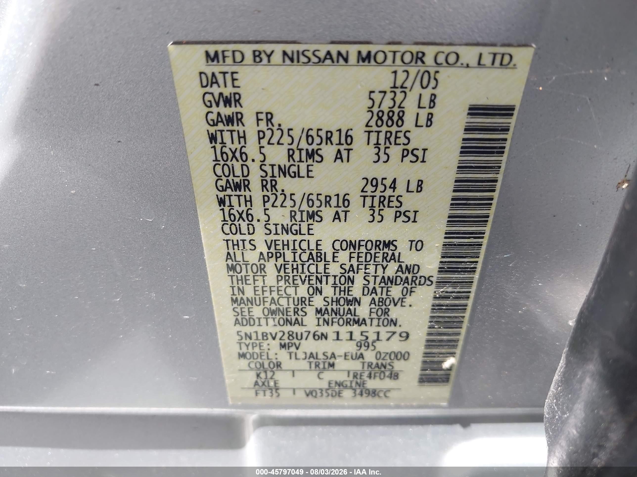 2006 Nissan Quest 3.5 S Silver vin: 5N1BV28U76N115179