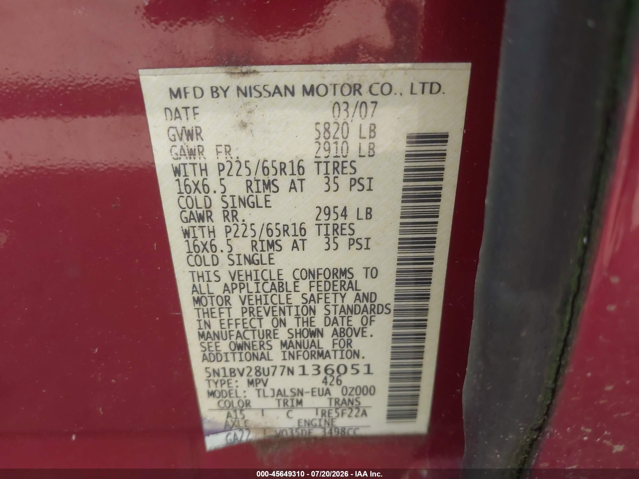 2007 Nissan Quest 3.5 S Red vin: 5N1BV28U77N136051