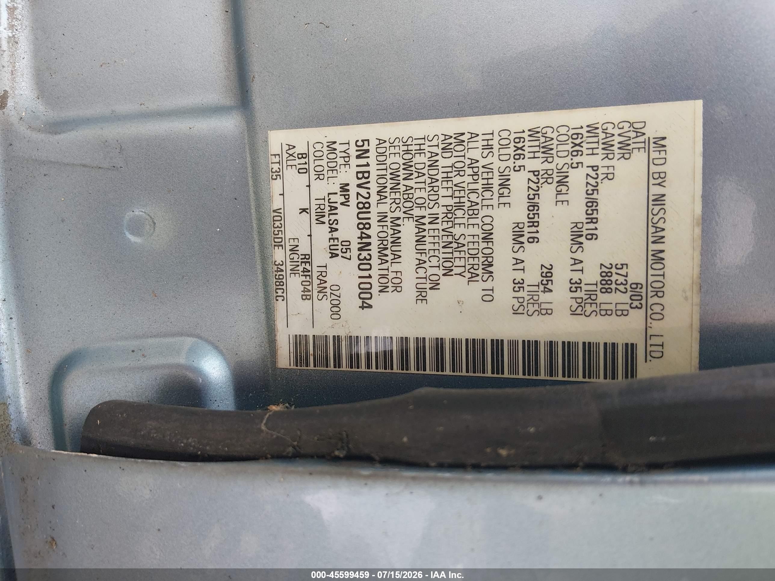 2004 Nissan Quest 3.5 S Light Blue vin: 5N1BV28U84N301004