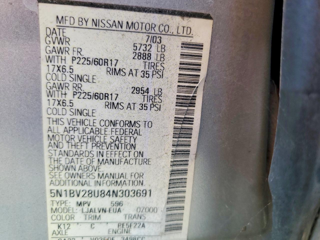 2004 Nissan Quest 3.5 S Silver vin: 5N1BV28U84N303691