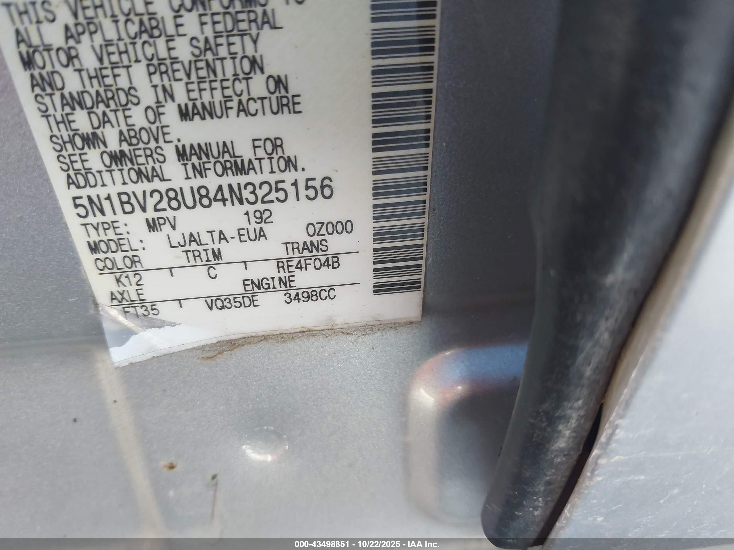 2004 Nissan Quest 3.5 Sl Silver vin: 5N1BV28U84N325156