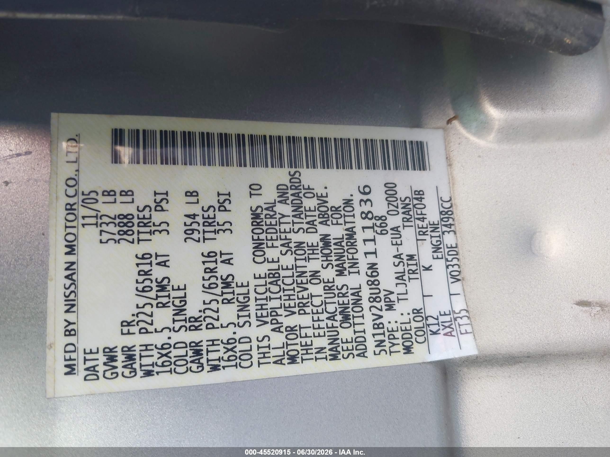 2006 Nissan Quest 3.5 S Silver vin: 5N1BV28U86N111836