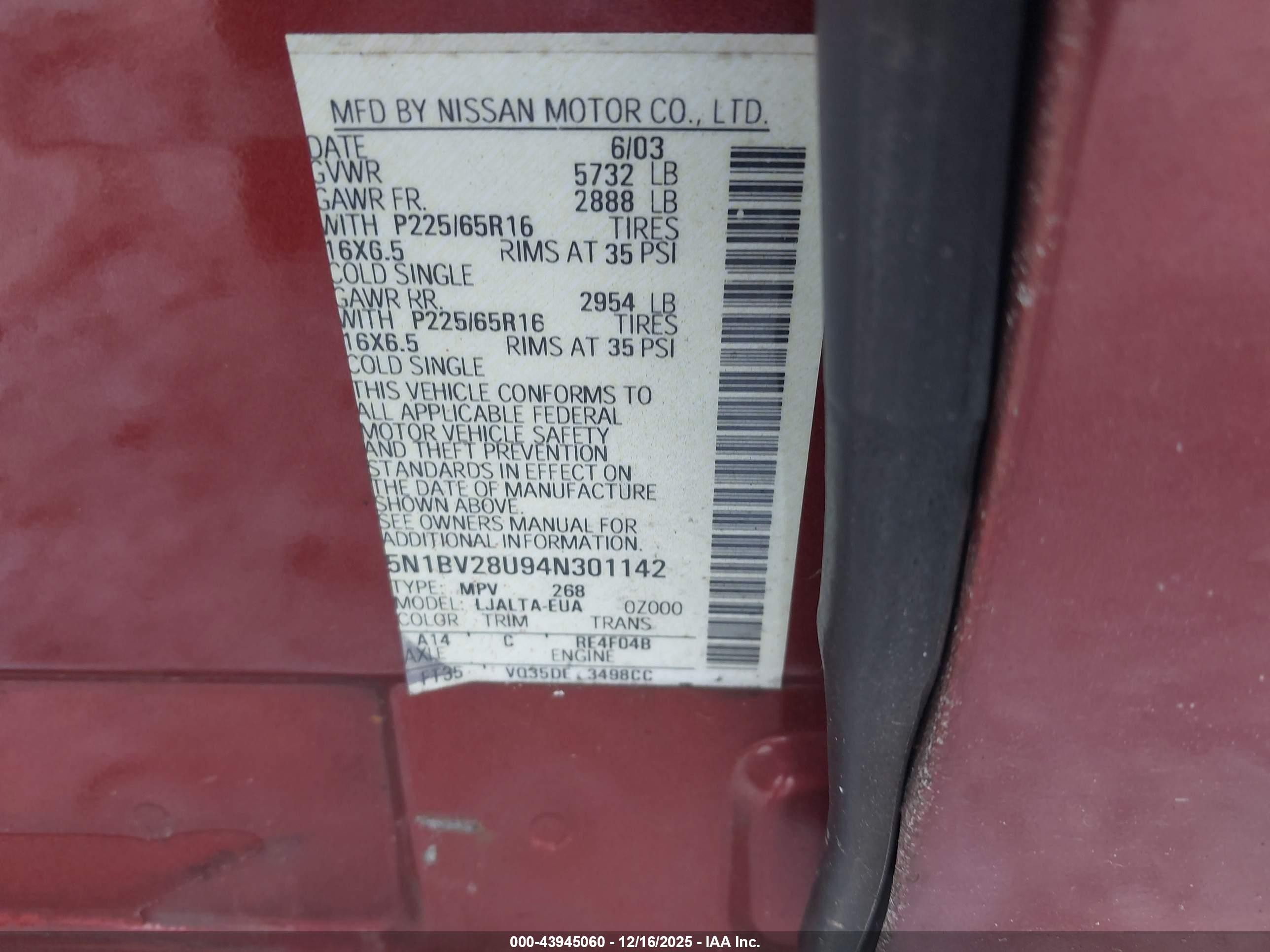 2004 Nissan Quest 3.5 Sl Maroon vin: 5N1BV28U94N301142