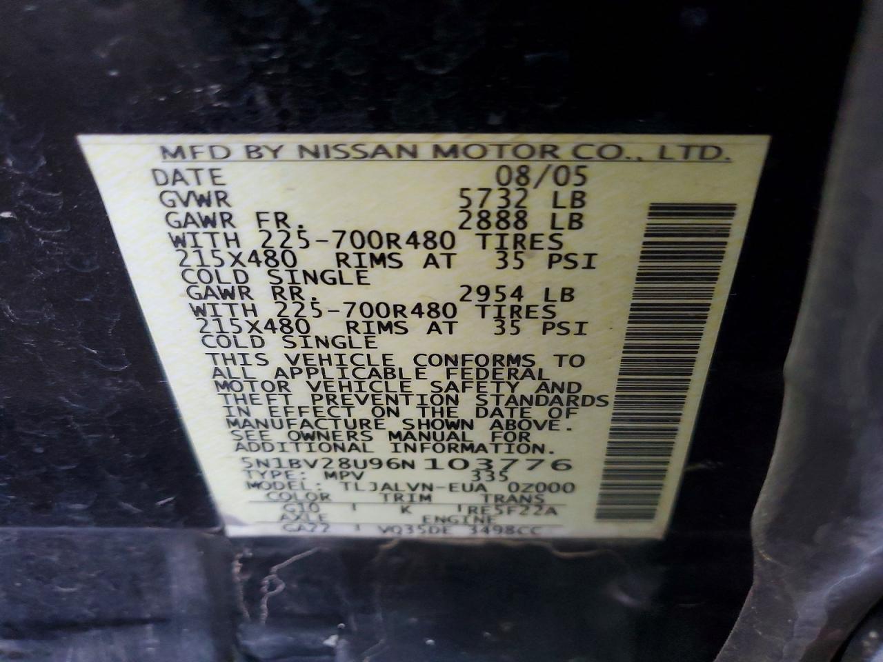 2006 Nissan Quest 3.5 Черный vin: 5N1BV28U96N103776