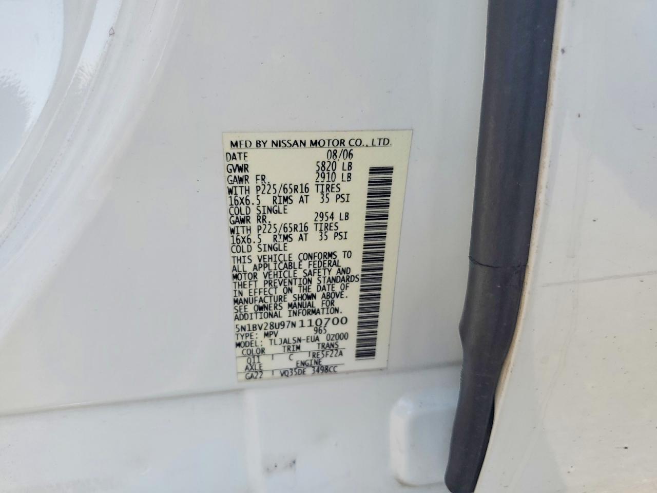 2007 Niss Quest Van White vin: 5N1BV28U97N110700