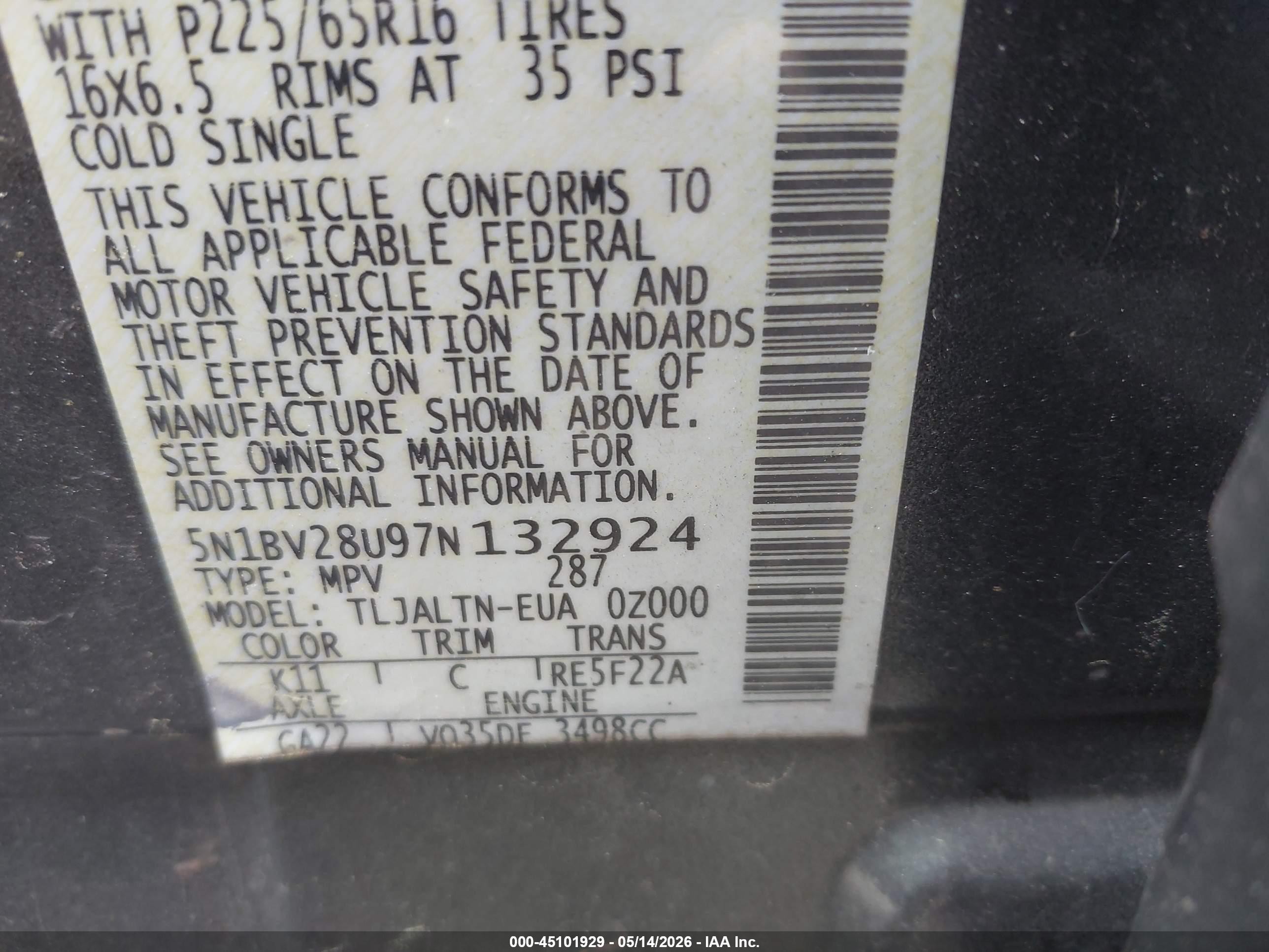 2007 Nissan Quest S/se/sl Gray vin: 5N1BV28U97N132924