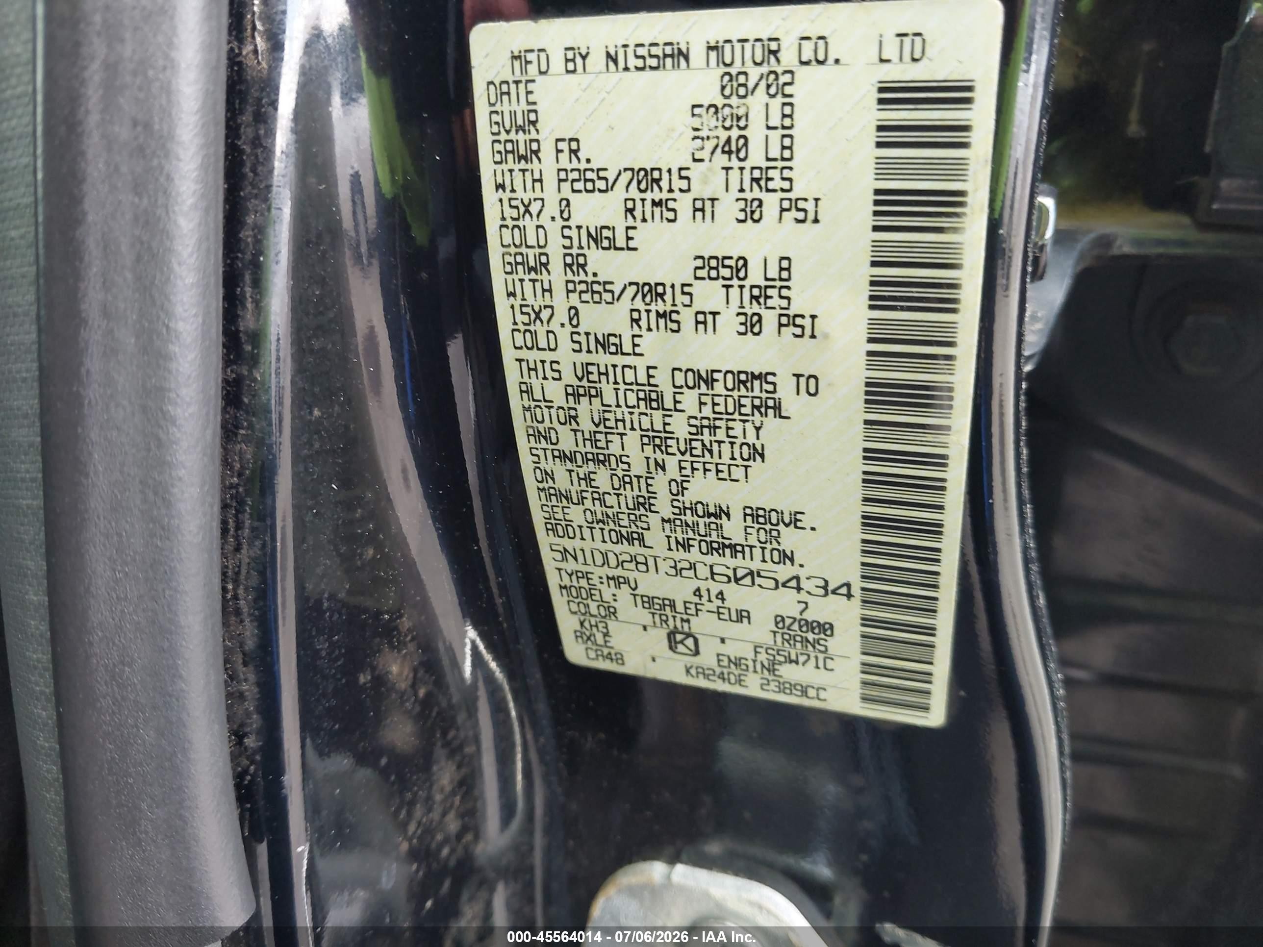 2002 Nissan Xterra Xe Black vin: 5N1DD28T32C605434