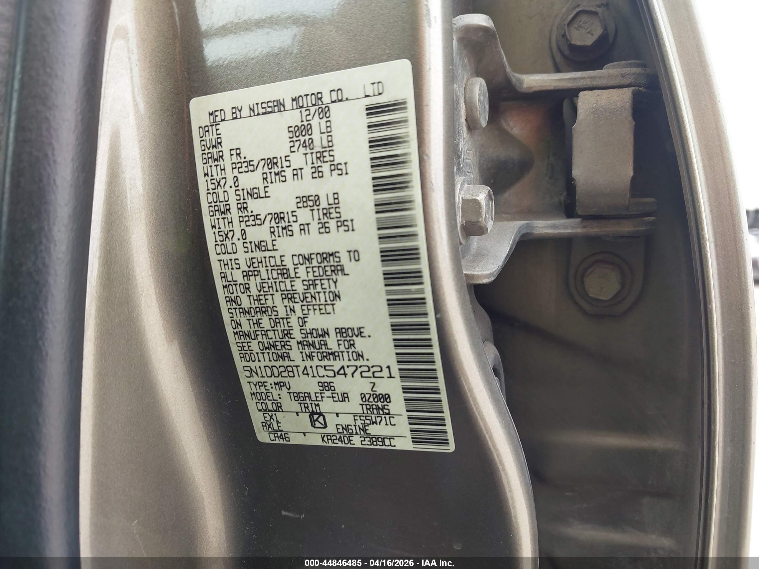 2001 Nissan Xterra Xe Бежевый vin: 5N1DD28T41C547221