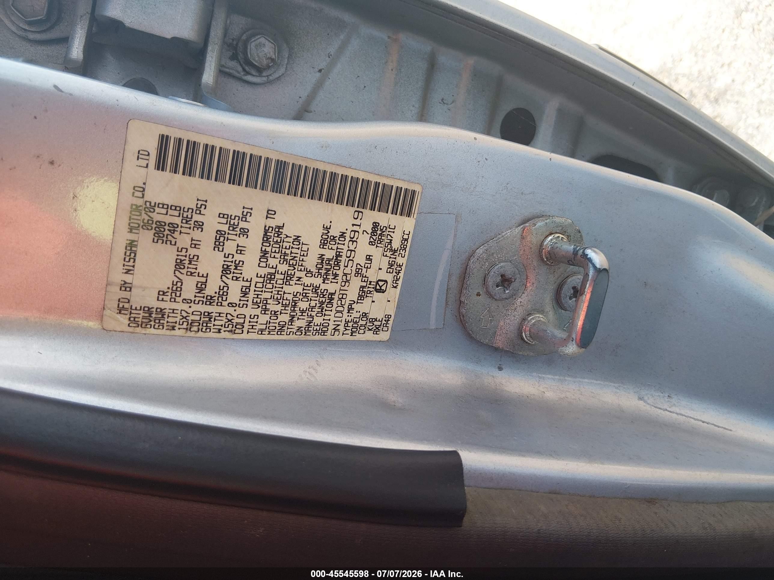2002 Nissan Xterra Xe Gray vin: 5N1DD28T92C593919