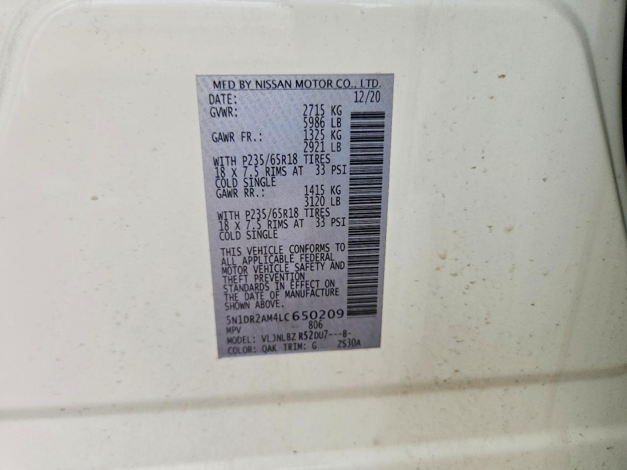 2020 Nissan Pathfinder S White vin: 5N1DR2AM4LC650209