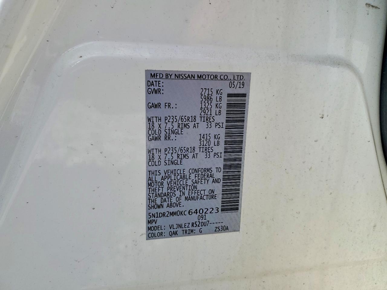 2019 Nissan Pathfinder Sv White vin: 5N1DR2MM0KC640223
