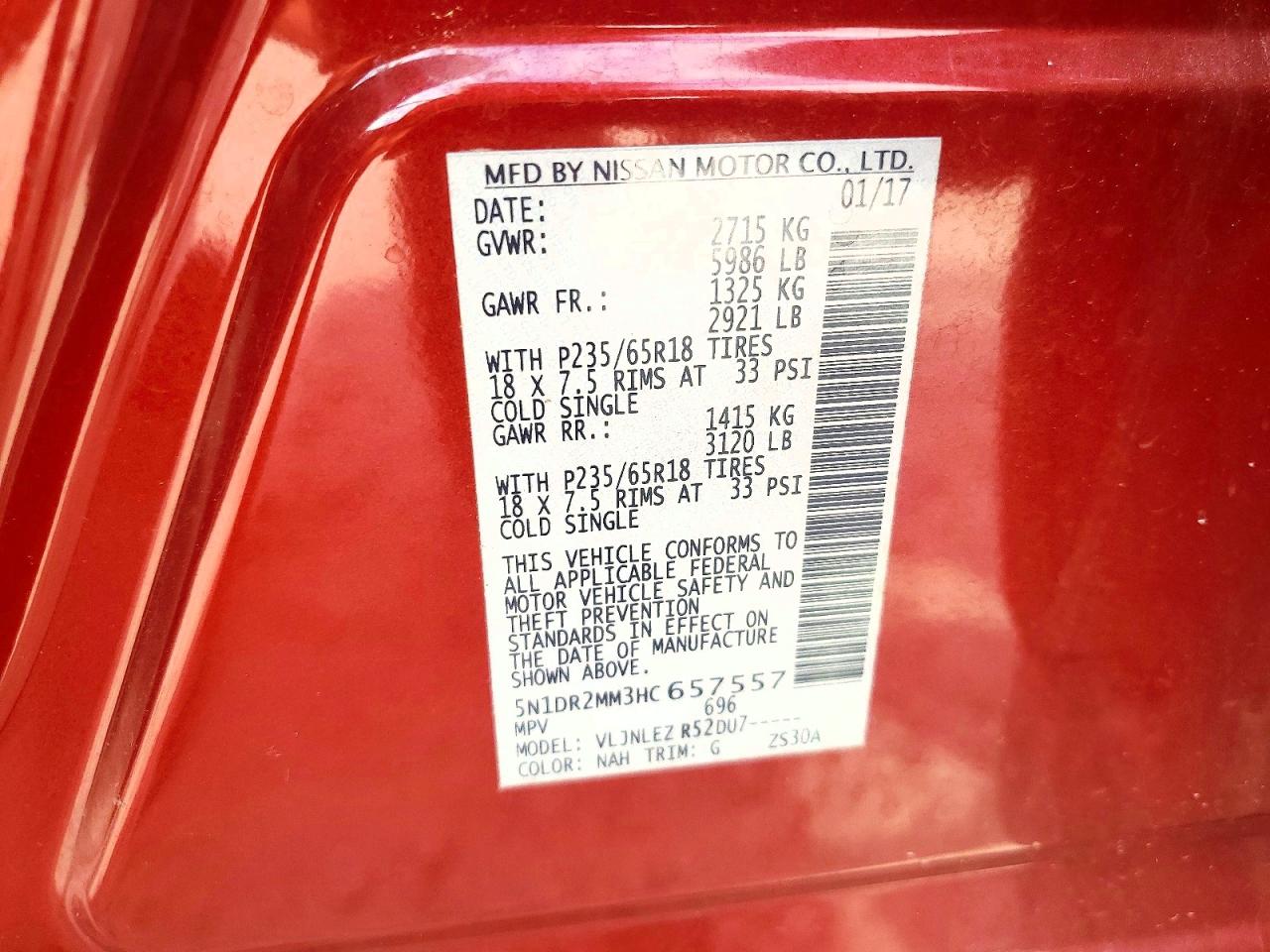 2017 Nissan Pathfinder Sv Red vin: 5N1DR2MM3HC657557