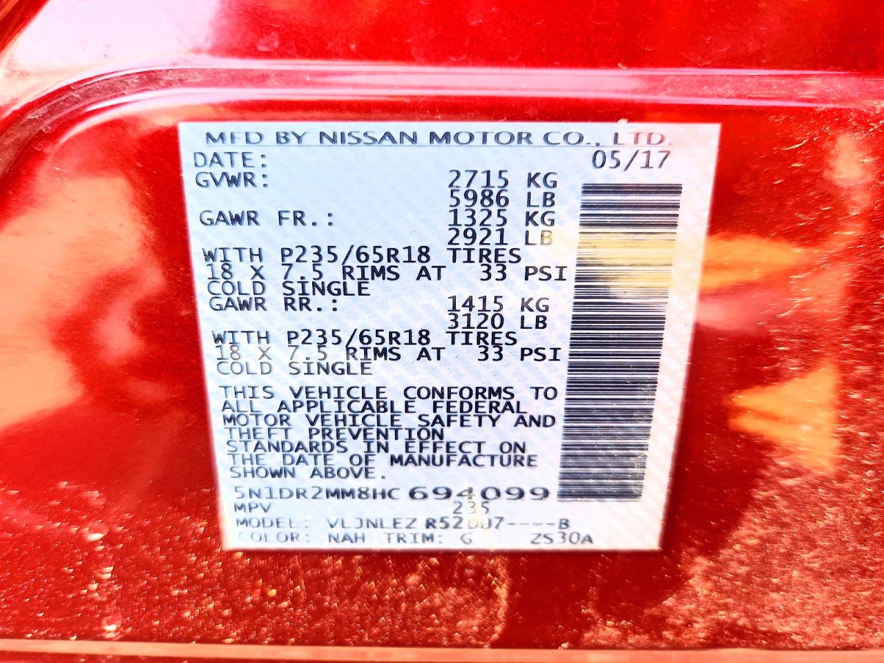 2017 Nissan Pathfinder Sv Red vin: 5N1DR2MM8HC694099