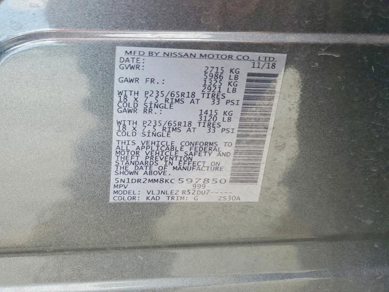 2019 Nissan Pathfinder Sv Gray vin: 5N1DR2MM8KC597850