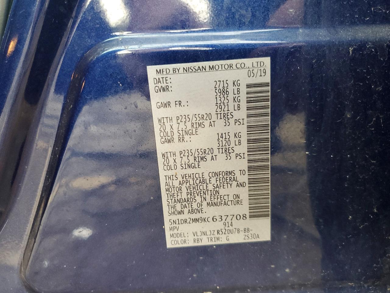 2019 Nissan Pathfinder Platinum Blue vin: 5N1DR2MM9KC637708