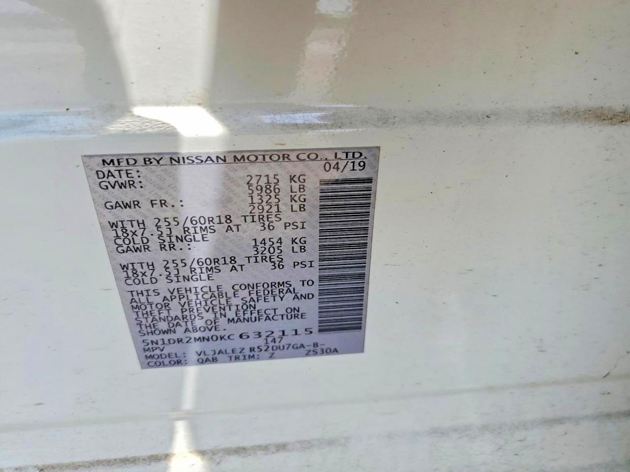 2019 Nissan Pathfinder Sv White vin: 5N1DR2MN0KC632115