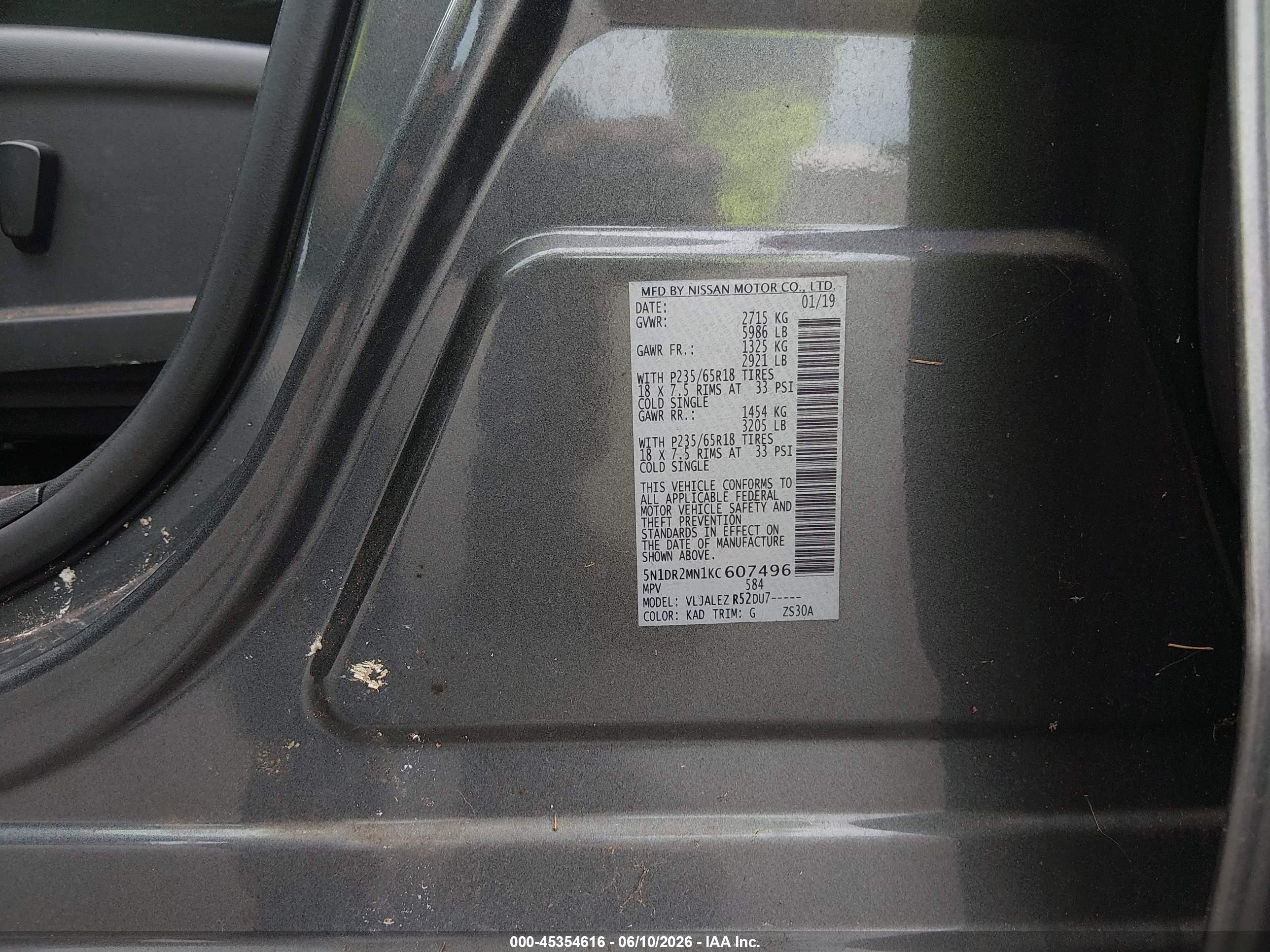 2019 Nissan Pathfinder Sv Gray vin: 5N1DR2MN1KC607496