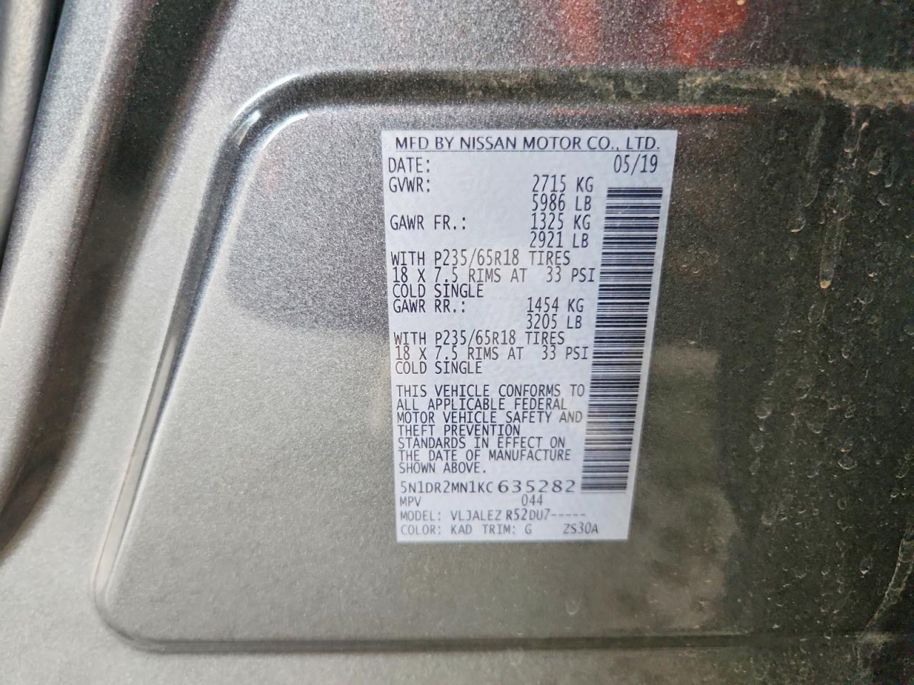 2019 Nissan Pathfinder Sv Gray vin: 5N1DR2MN1KC635282