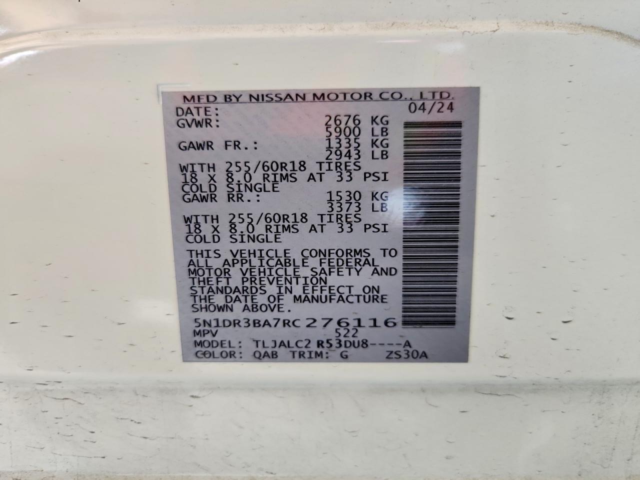 2024 Nissan Pathfinder Sv White vin: 5N1DR3BA7RC276116