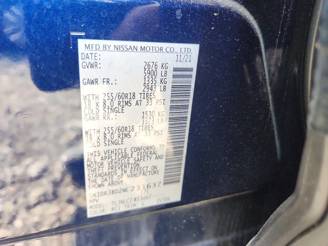 2022 Nissan Pathfinder Sv Blue vin: 5N1DR3BD2NC231637
