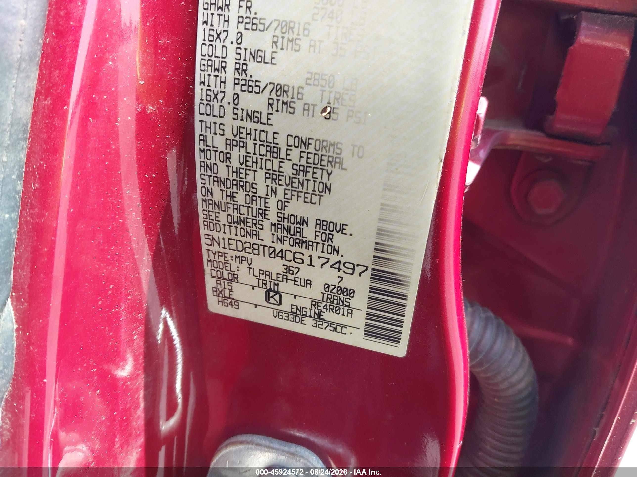 2004 Nissan Xterra Xe Red vin: 5N1ED28T04C617497