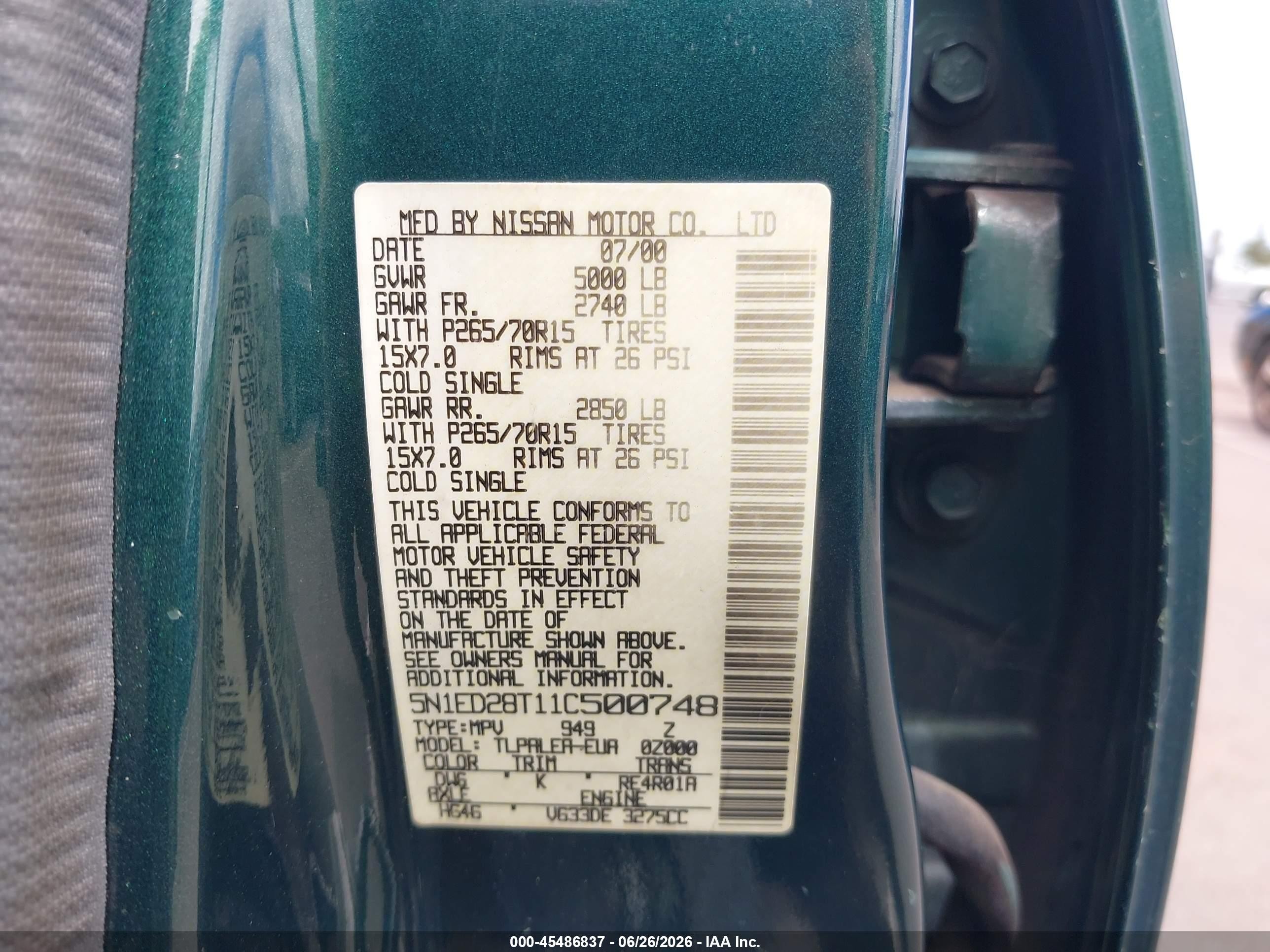 2001 Nissan Xterra Xe-v6 Green vin: 5N1ED28T11C500748