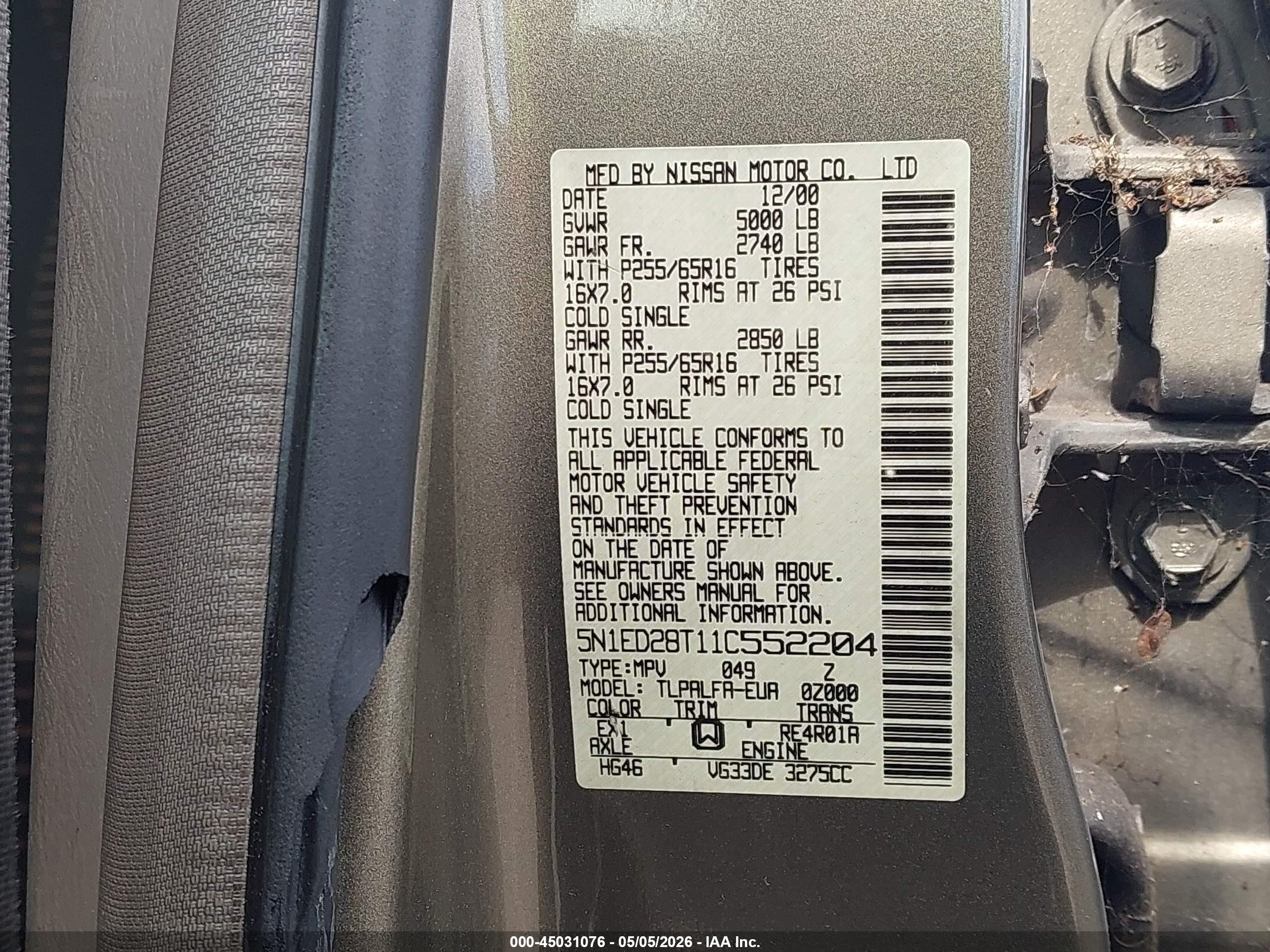 2001 Nissan Xterra Xe/se Gold vin: 5N1ED28T11C552204