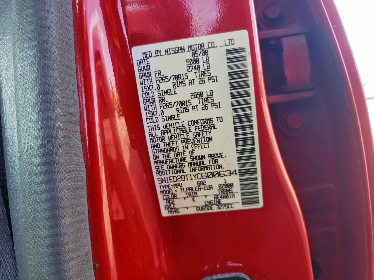 2000 Nissan Xterra Xe Red vin: 5N1ED28T1YC600634