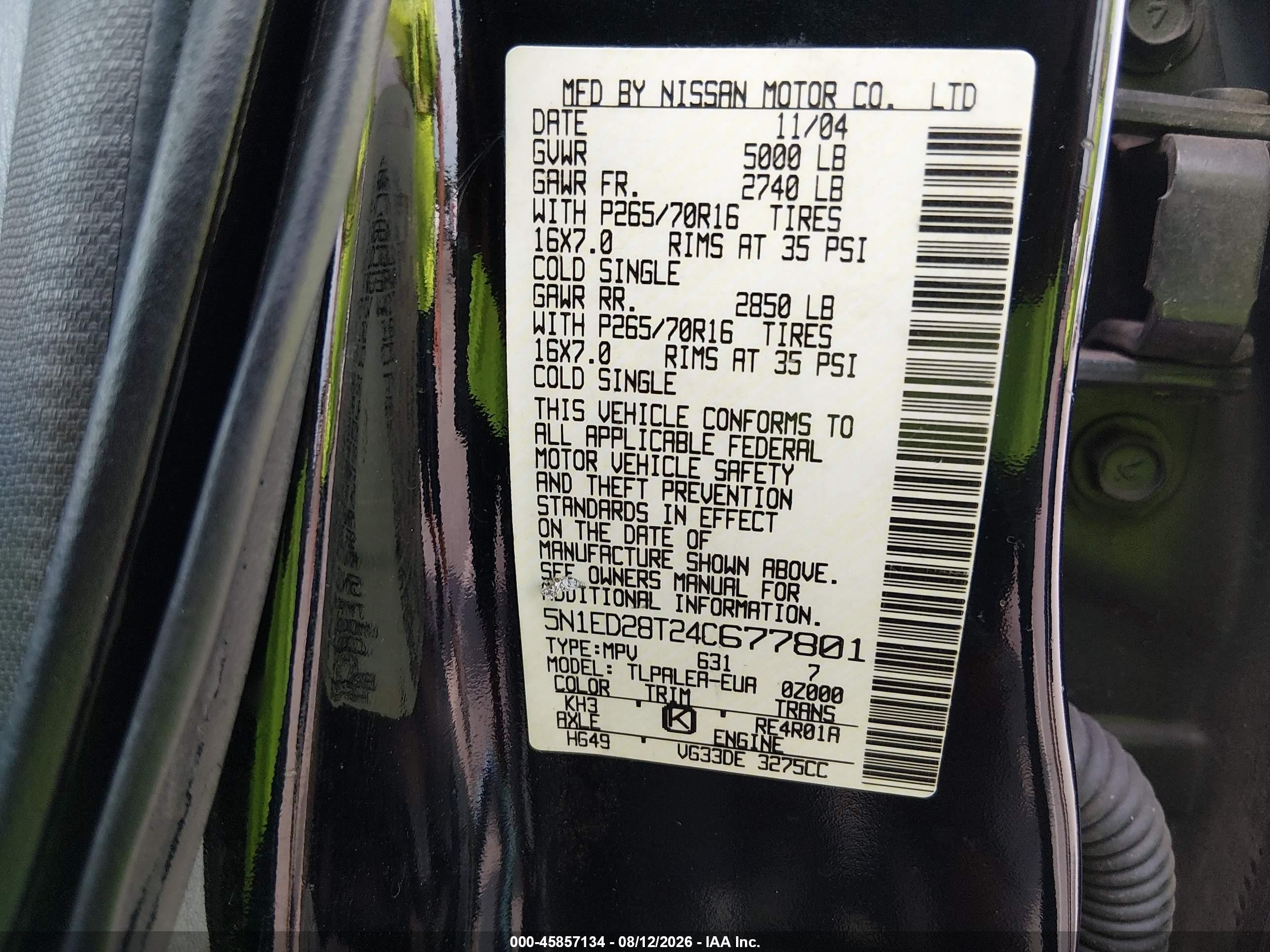 2004 Nissan Xterra Xe Черный vin: 5N1ED28T24C677801