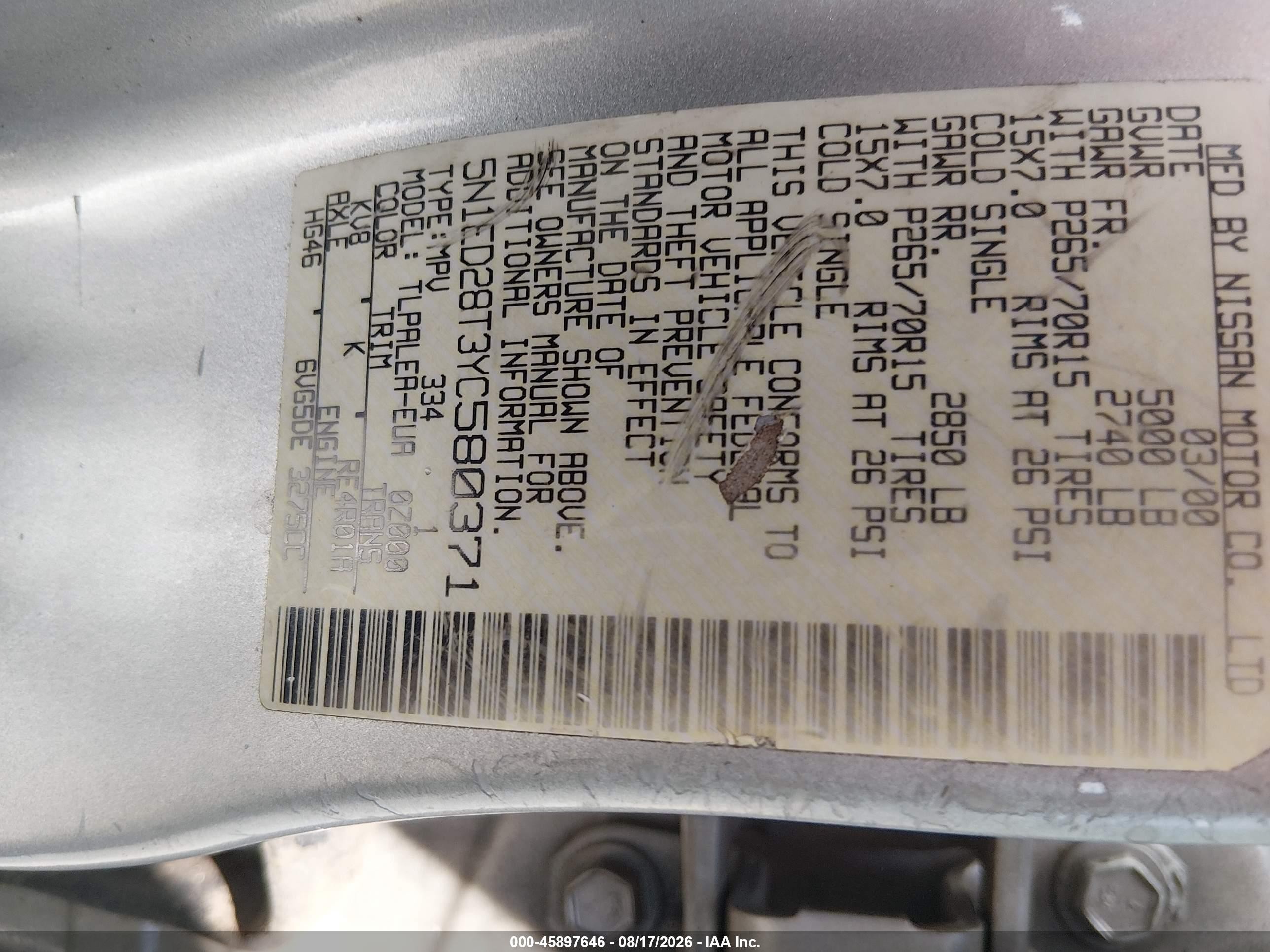 2000 Nissan Xterra Se/xe Silver vin: 5N1ED28T3YC580371