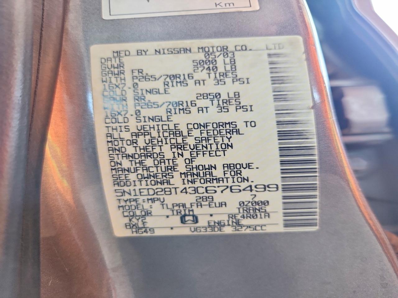 2003 Nissan Xterra Xe-v6 Tan vin: 5N1ED28T43C676499