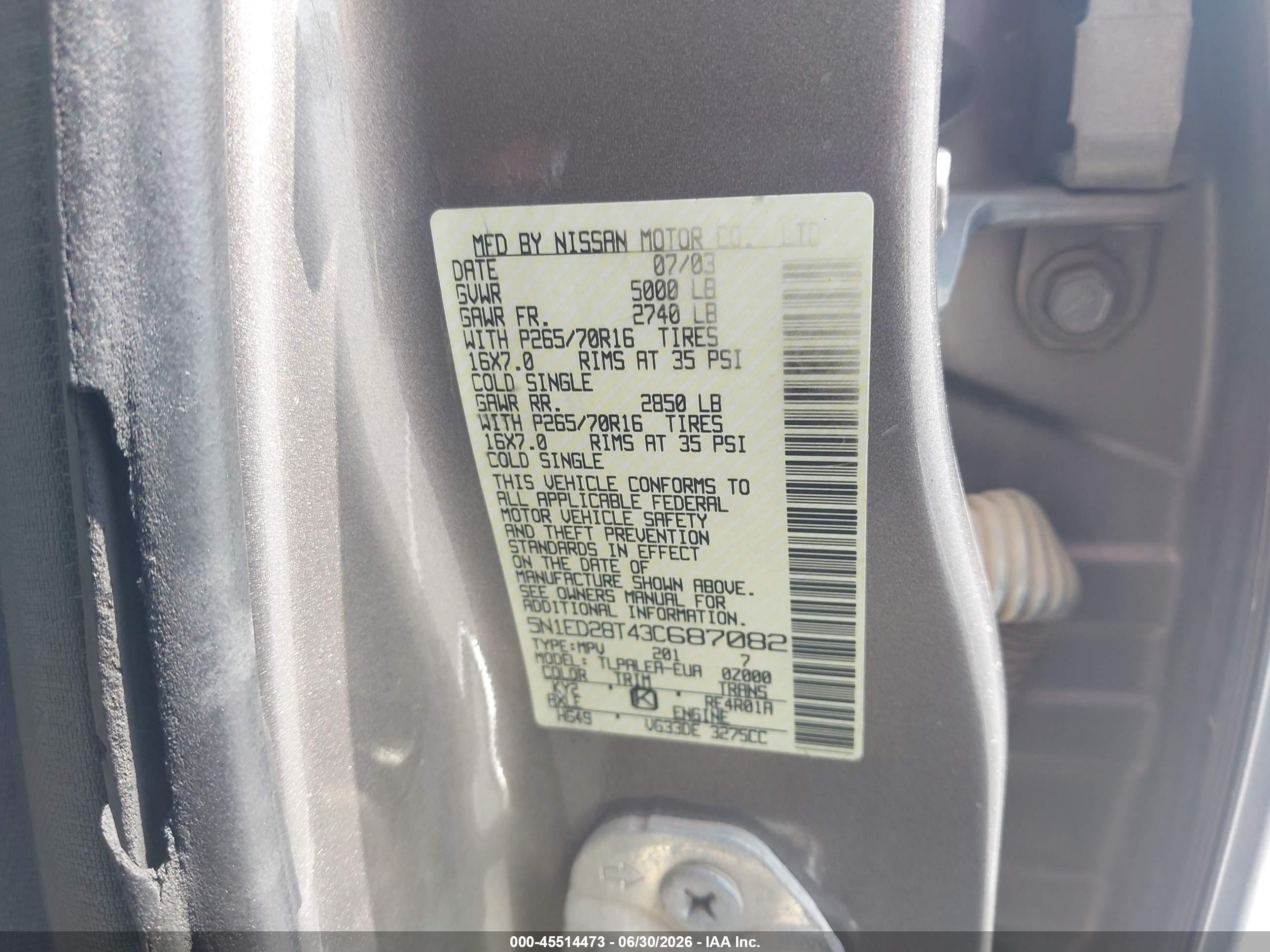 2003 Nissan Xterra Xe Gray vin: 5N1ED28T43C687082