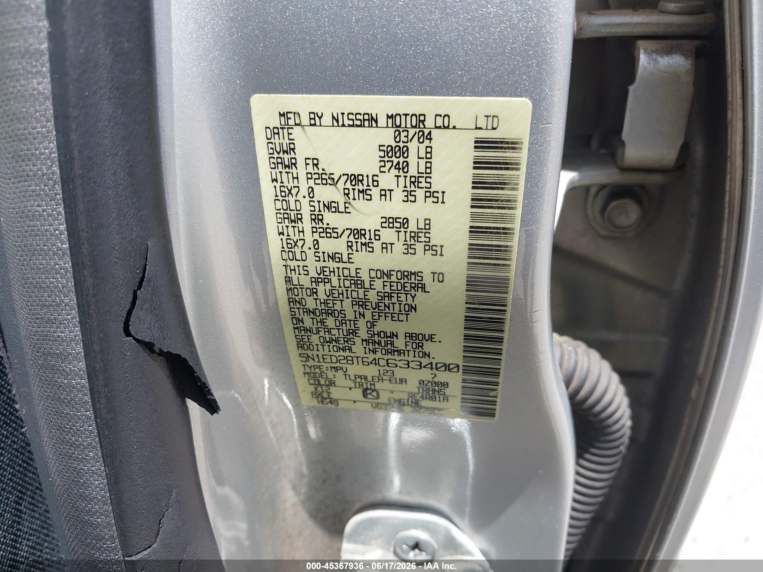 2004 Nissan Xterra Xe Silver vin: 5N1ED28T64C633400