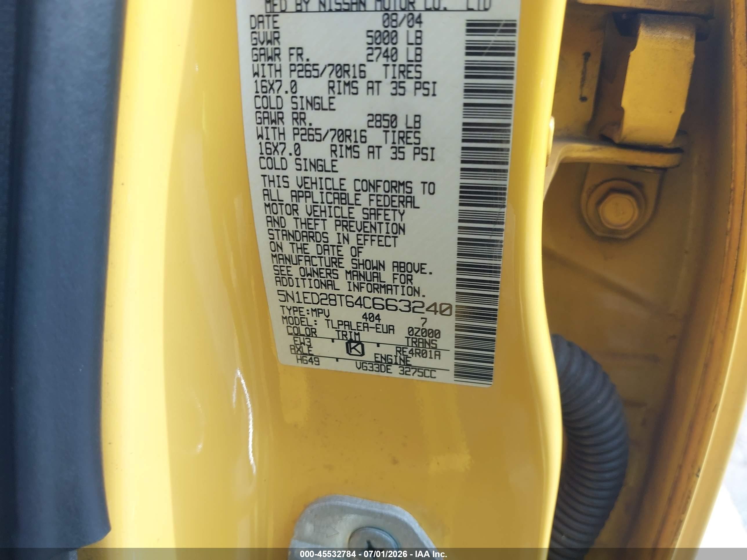 2004 Nissan Xterra Xe Yellow vin: 5N1ED28T64C663240