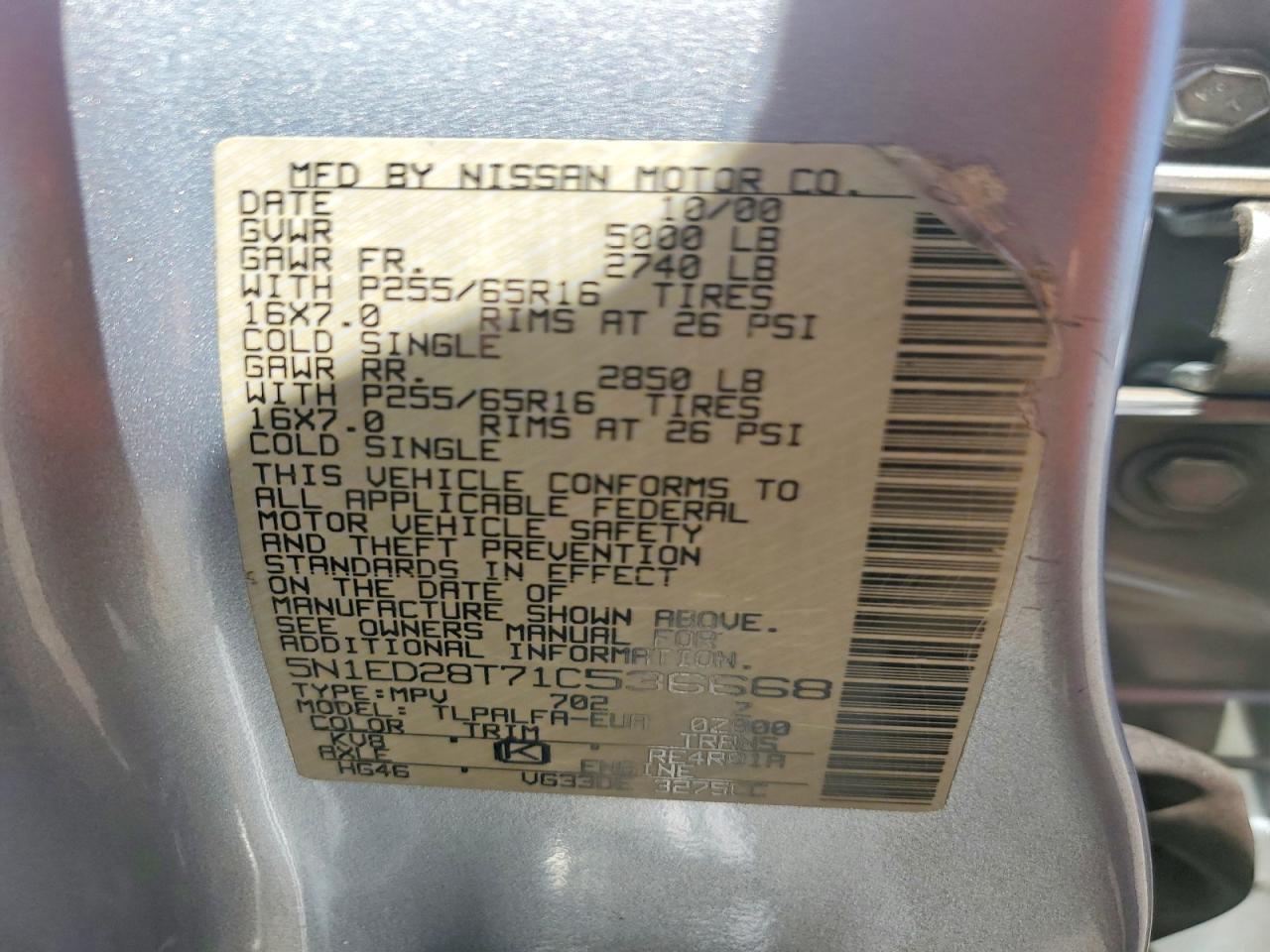 2001 Nissan Xterra Xe-v6 Silver vin: 5N1ED28T71C536668