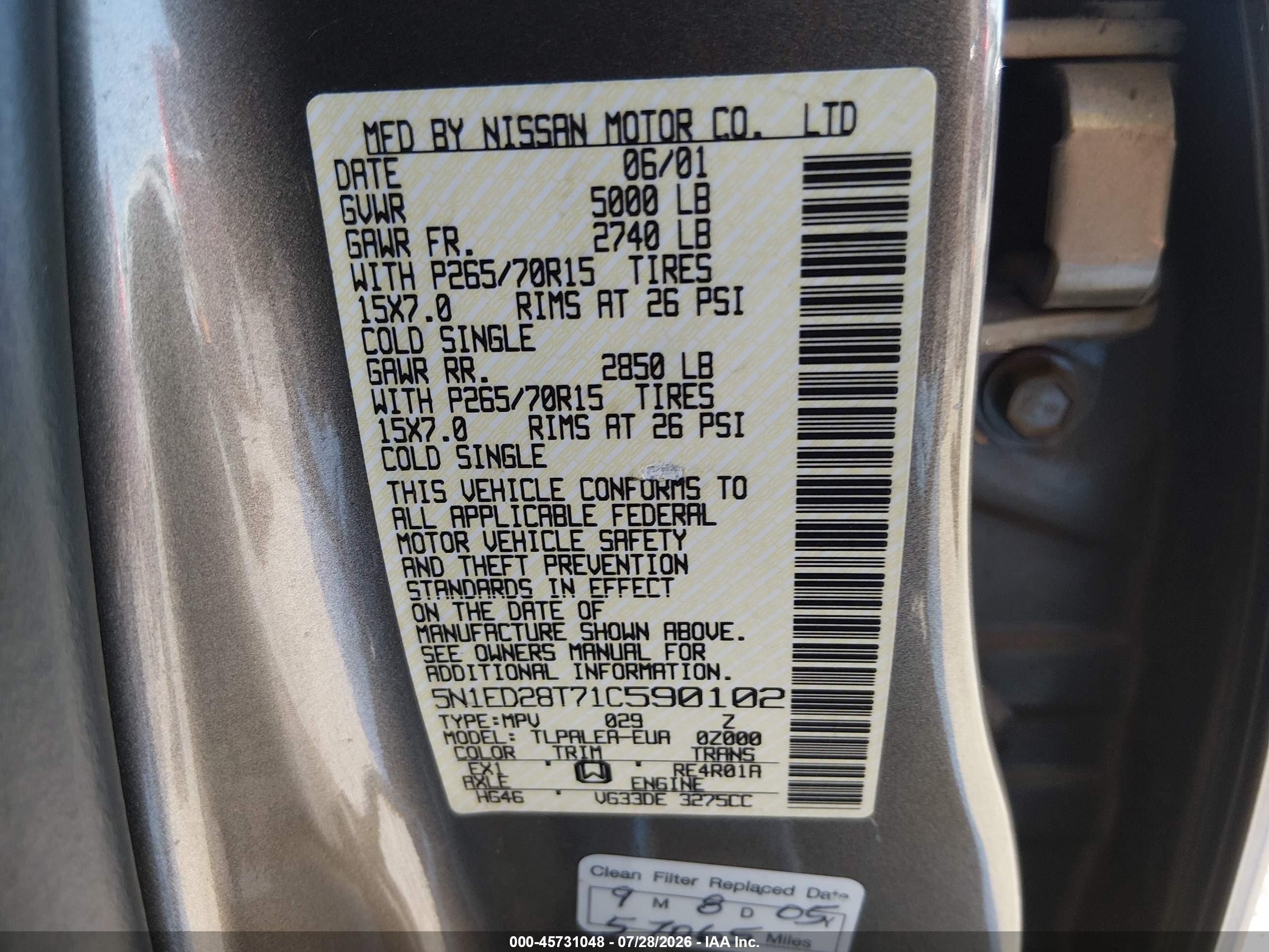 2001 Nissan Xterra Xe-v6 Tan vin: 5N1ED28T71C590102