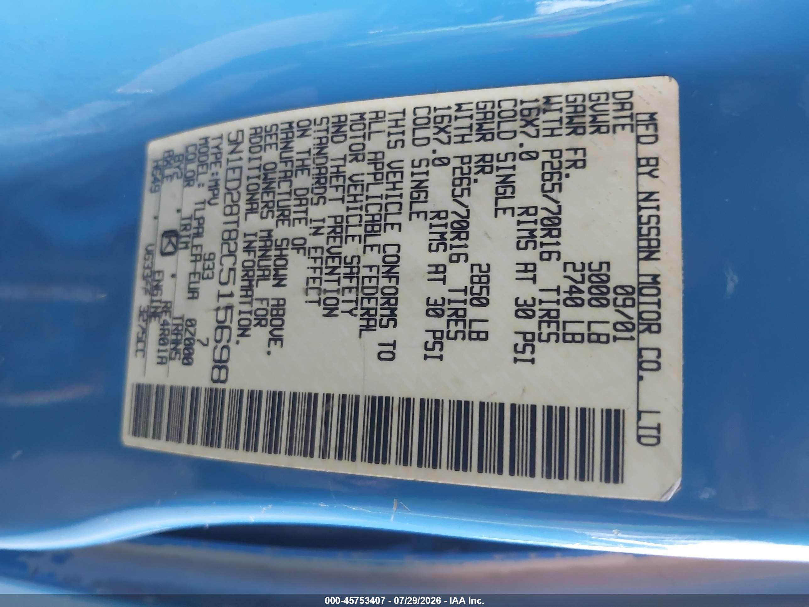 2002 Nissan Xterra Xe Blue vin: 5N1ED28T82C515698