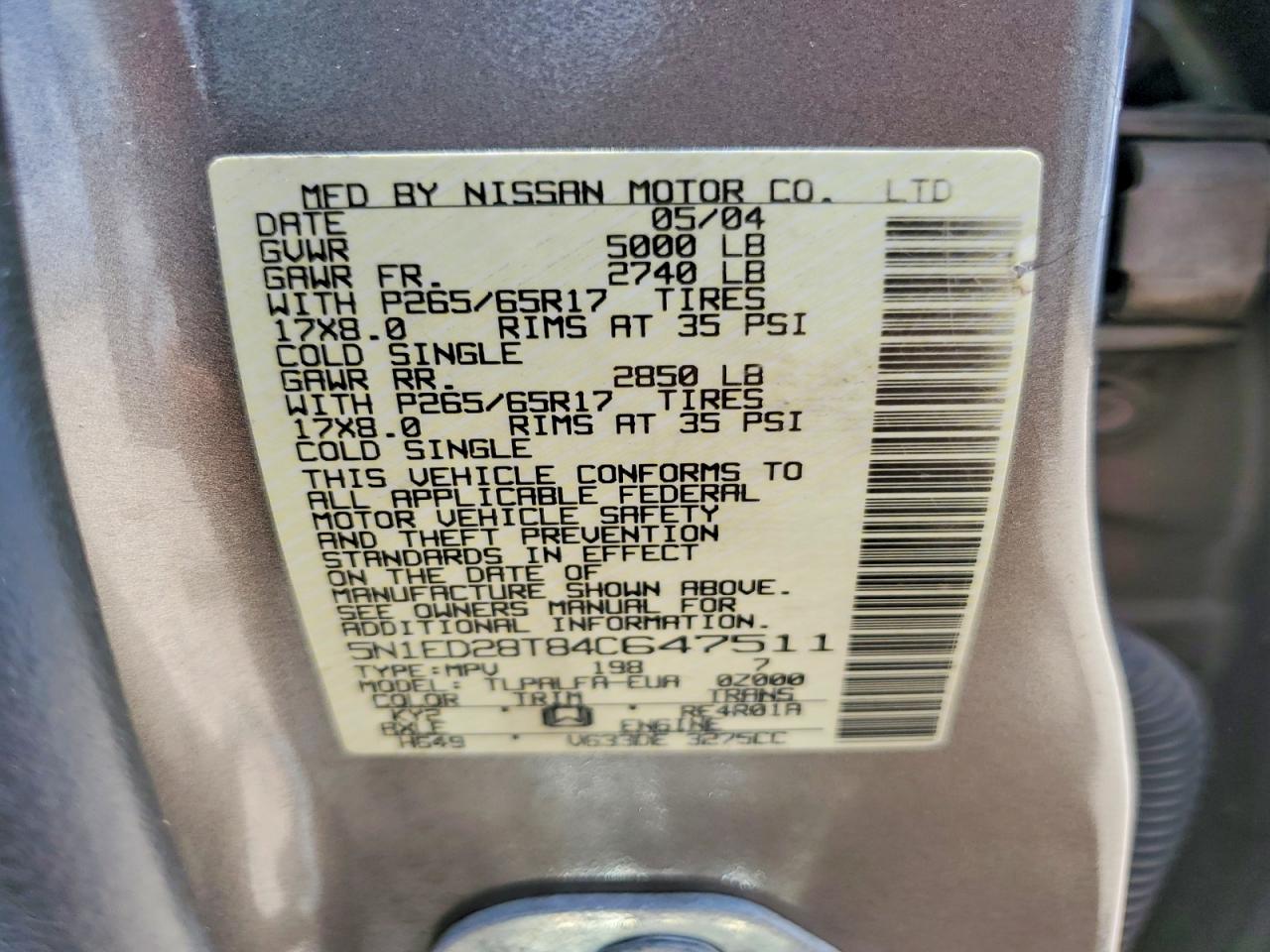2004 Nissan Xterra Xe Tan vin: 5N1ED28T84C647511