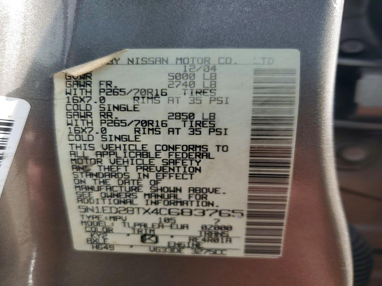 2004 Nissan Xterra Xe Tan vin: 5N1ED28TX4C683765