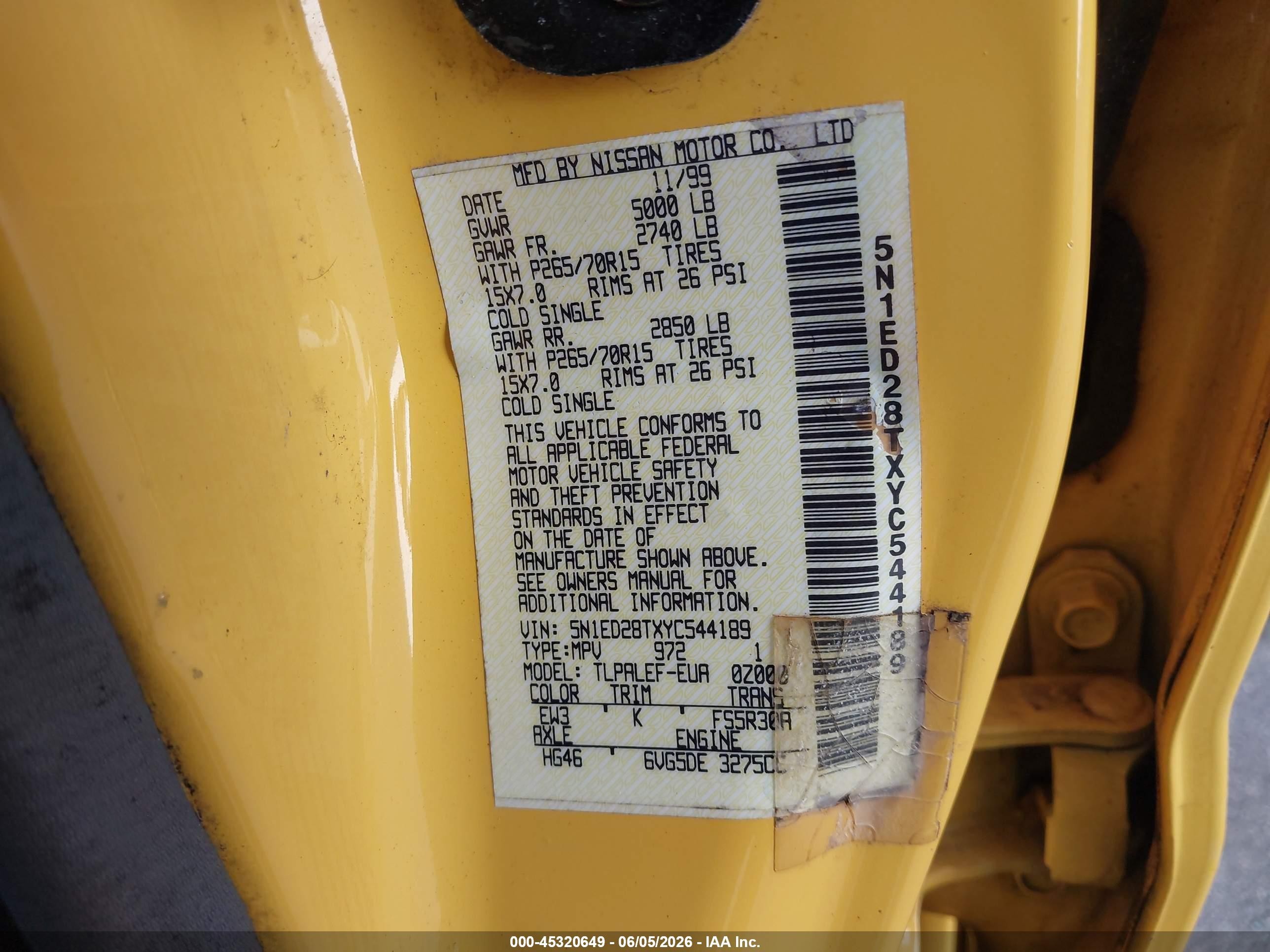 2000 Nissan Xterra Se/xe Желтый vin: 5N1ED28TXYC544189