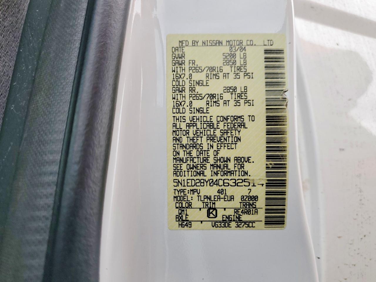 2004 Nissan Xterra Xe White vin: 5N1ED28Y04C632514