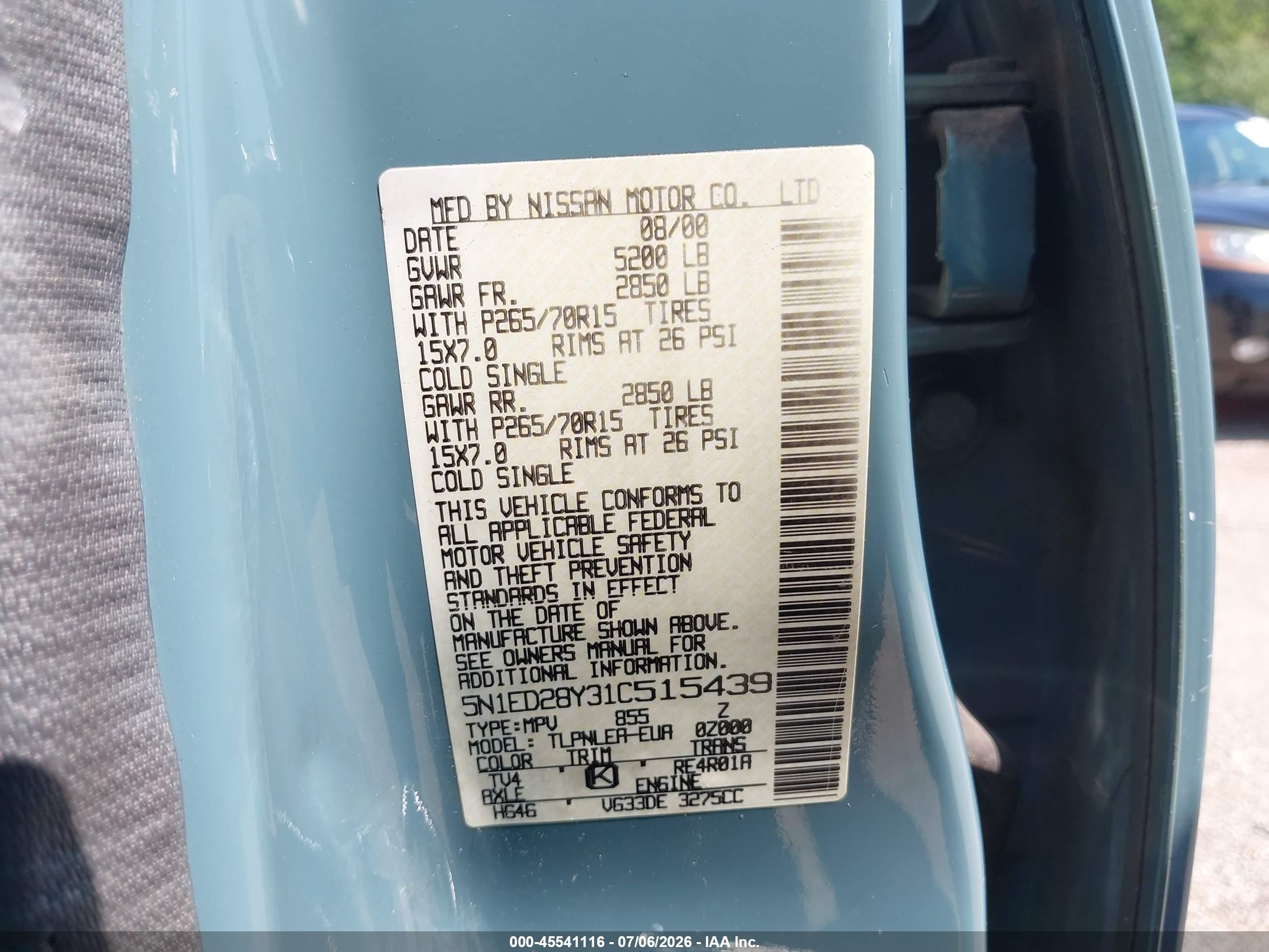 2001 Nissan Xterra Xe Blue vin: 5N1ED28Y31C515439