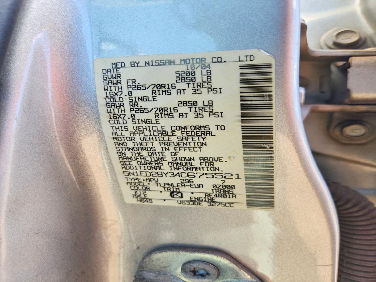 2004 Nissan Xterra Xe Silver vin: 5N1ED28Y34C675521