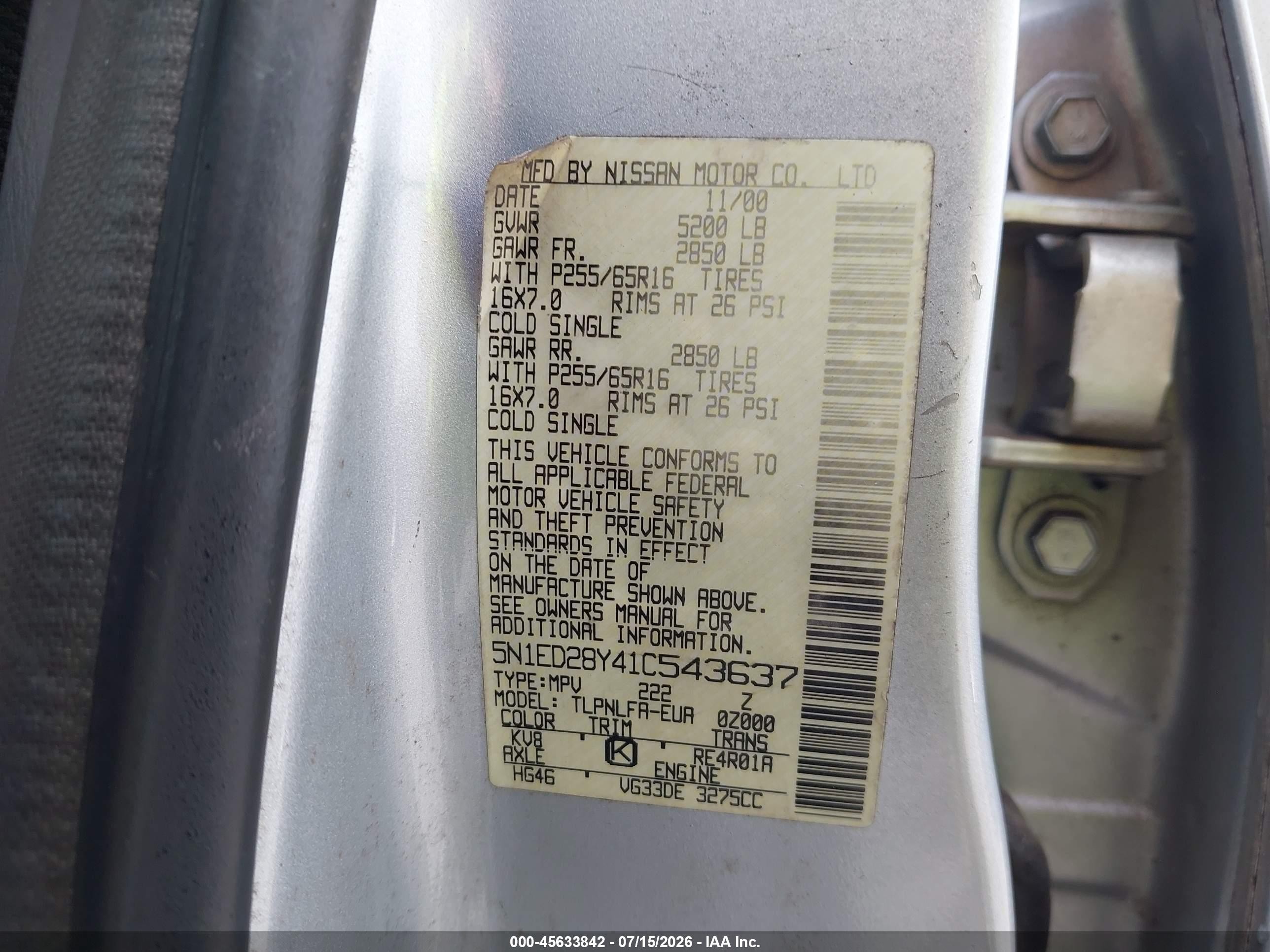 2001 Nissan Xterra Se Silver vin: 5N1ED28Y41C543637