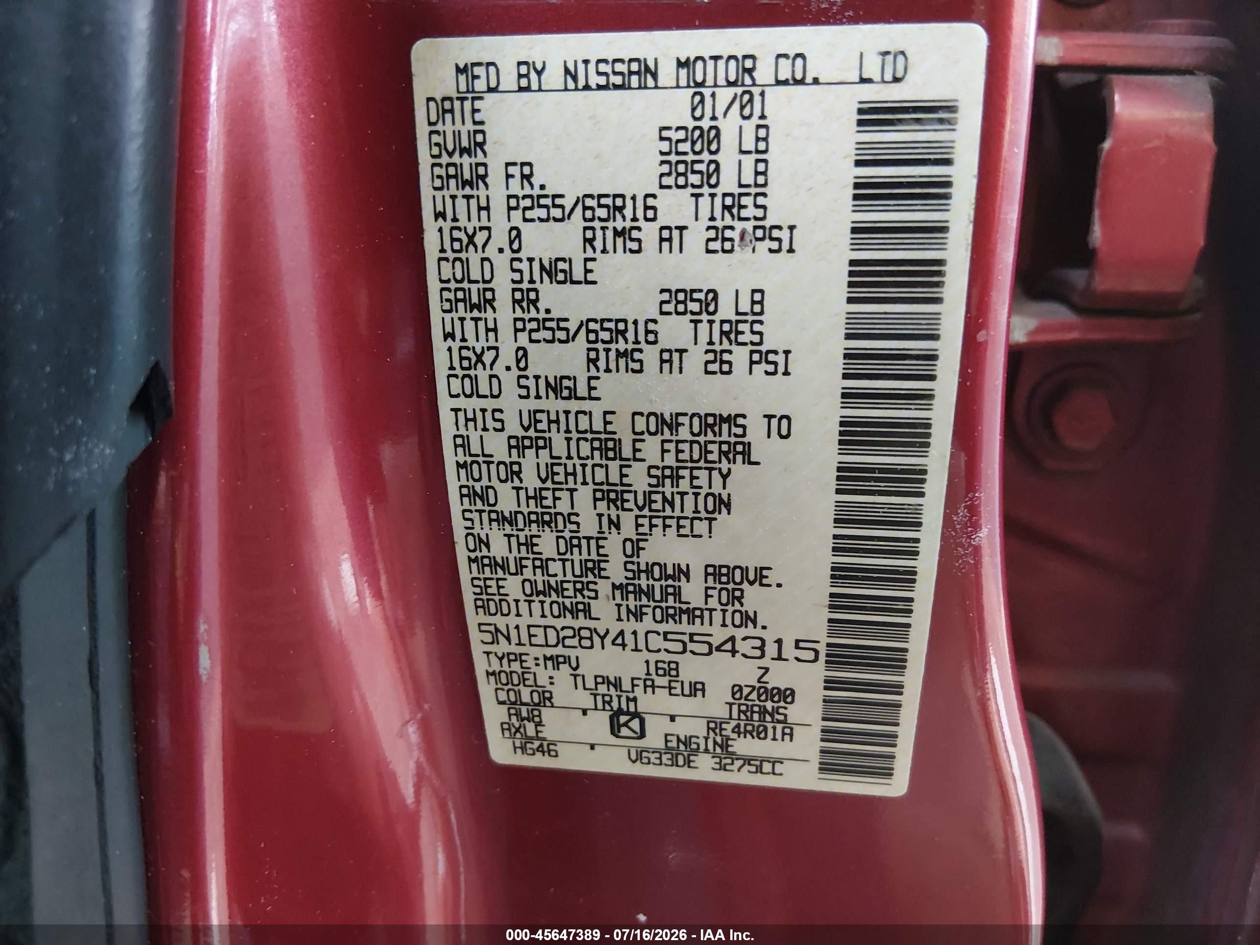 2001 Nissan Xterra Se Burgundy vin: 5N1ED28Y41C554315