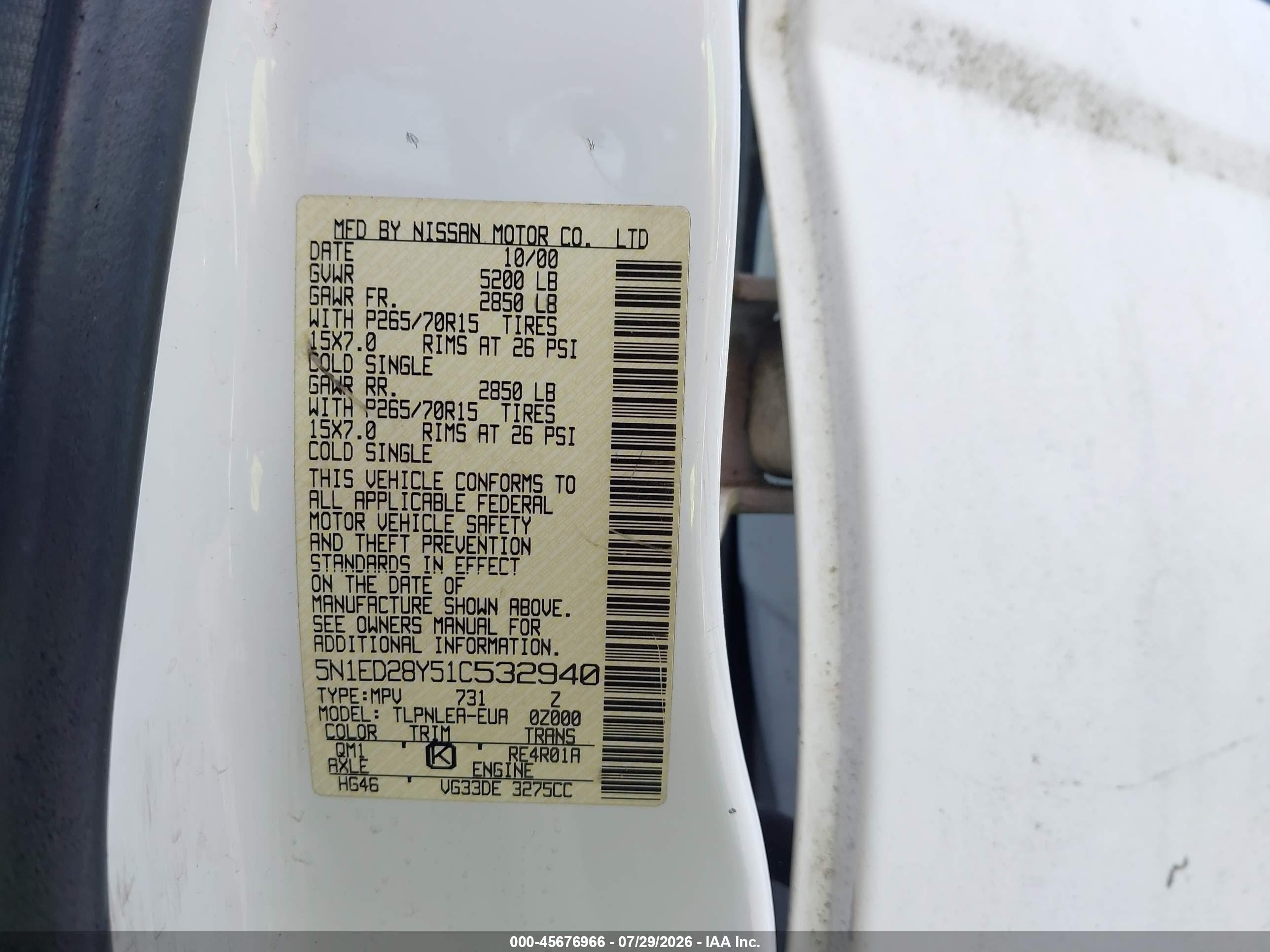 2001 Nissan Xterra Xe White vin: 5N1ED28Y51C532940
