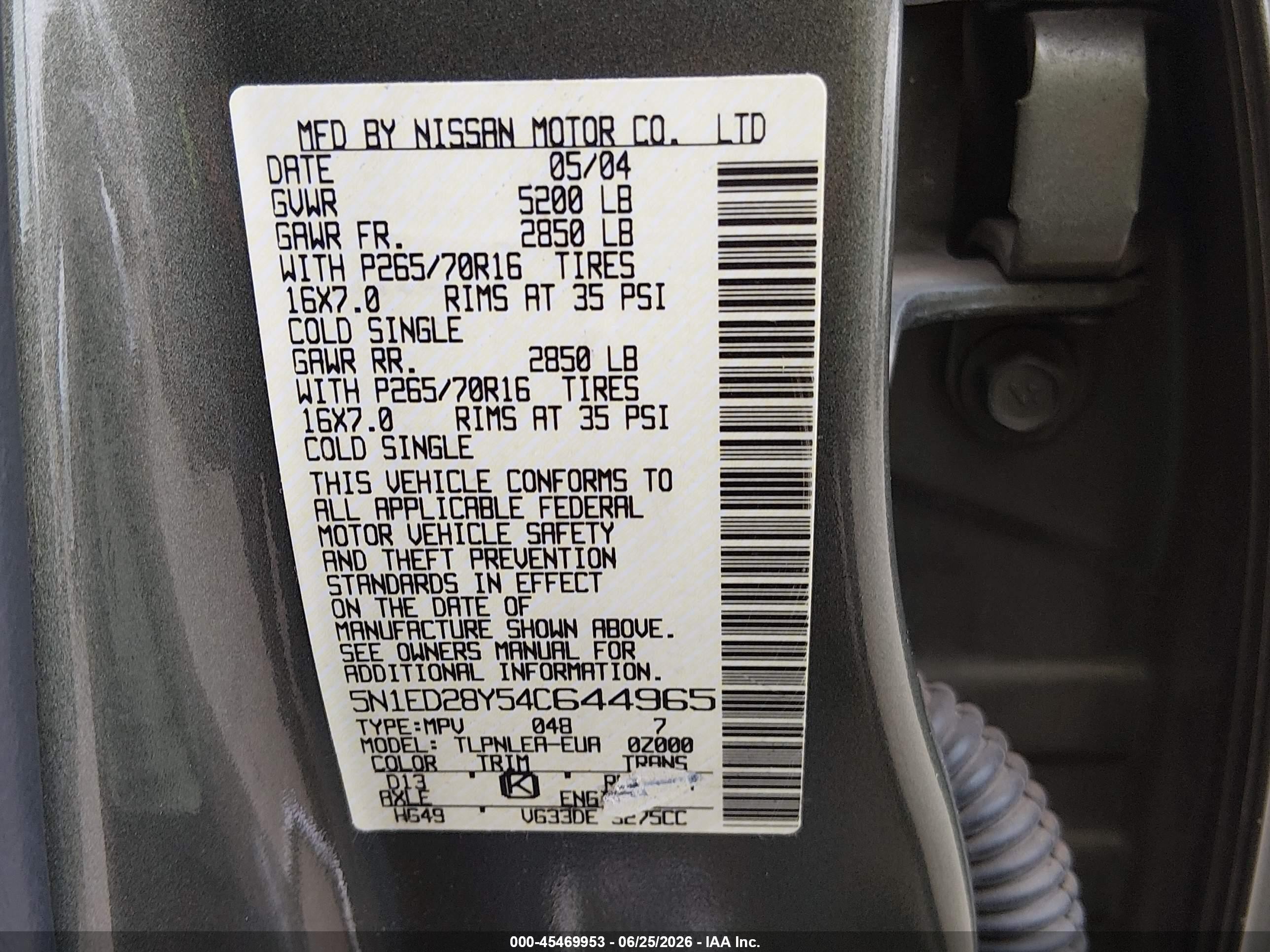 2004 Nissan Xterra Xe Green vin: 5N1ED28Y54C644965
