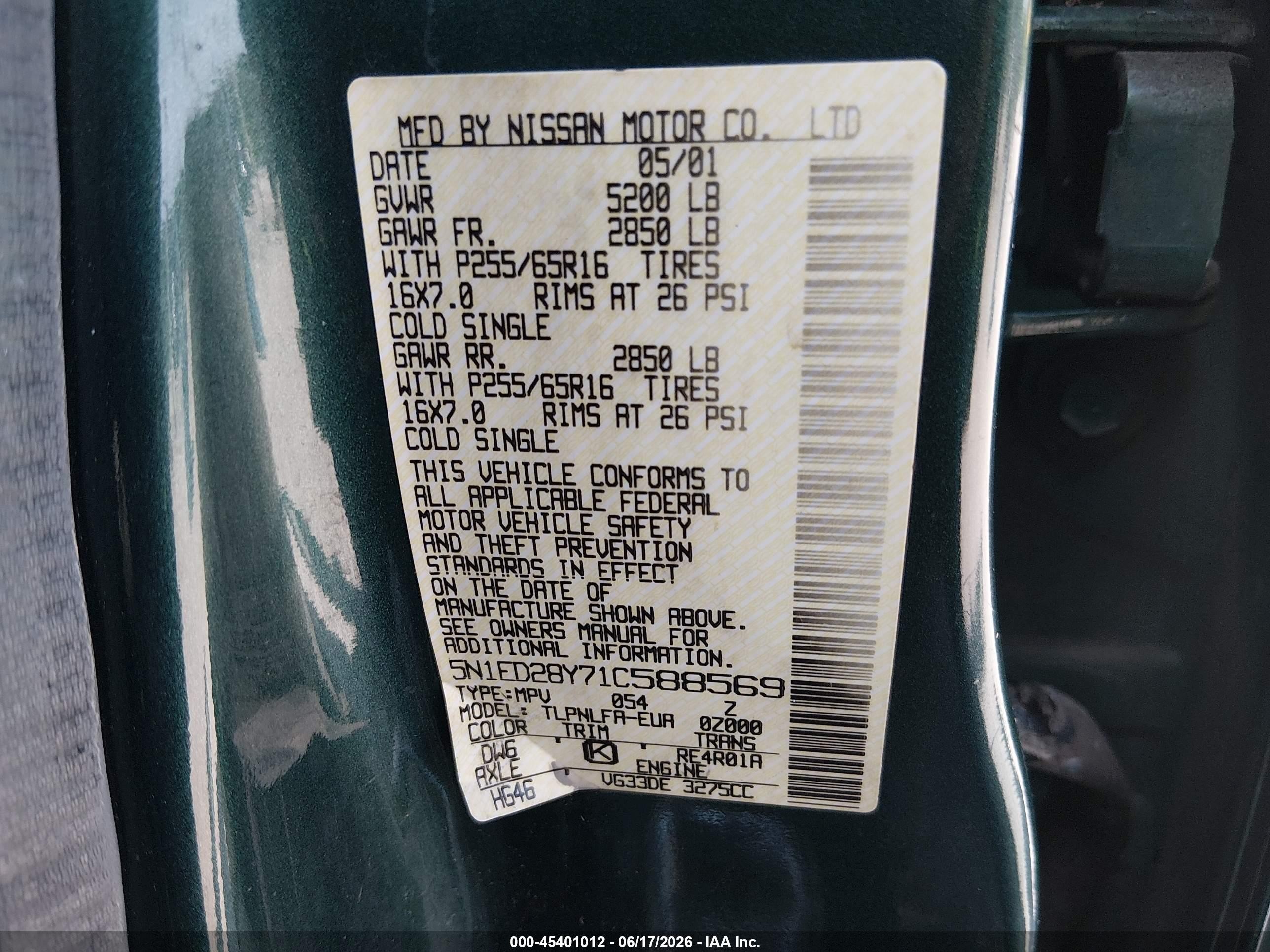2001 Nissan Xterra Se Green vin: 5N1ED28Y71C588569