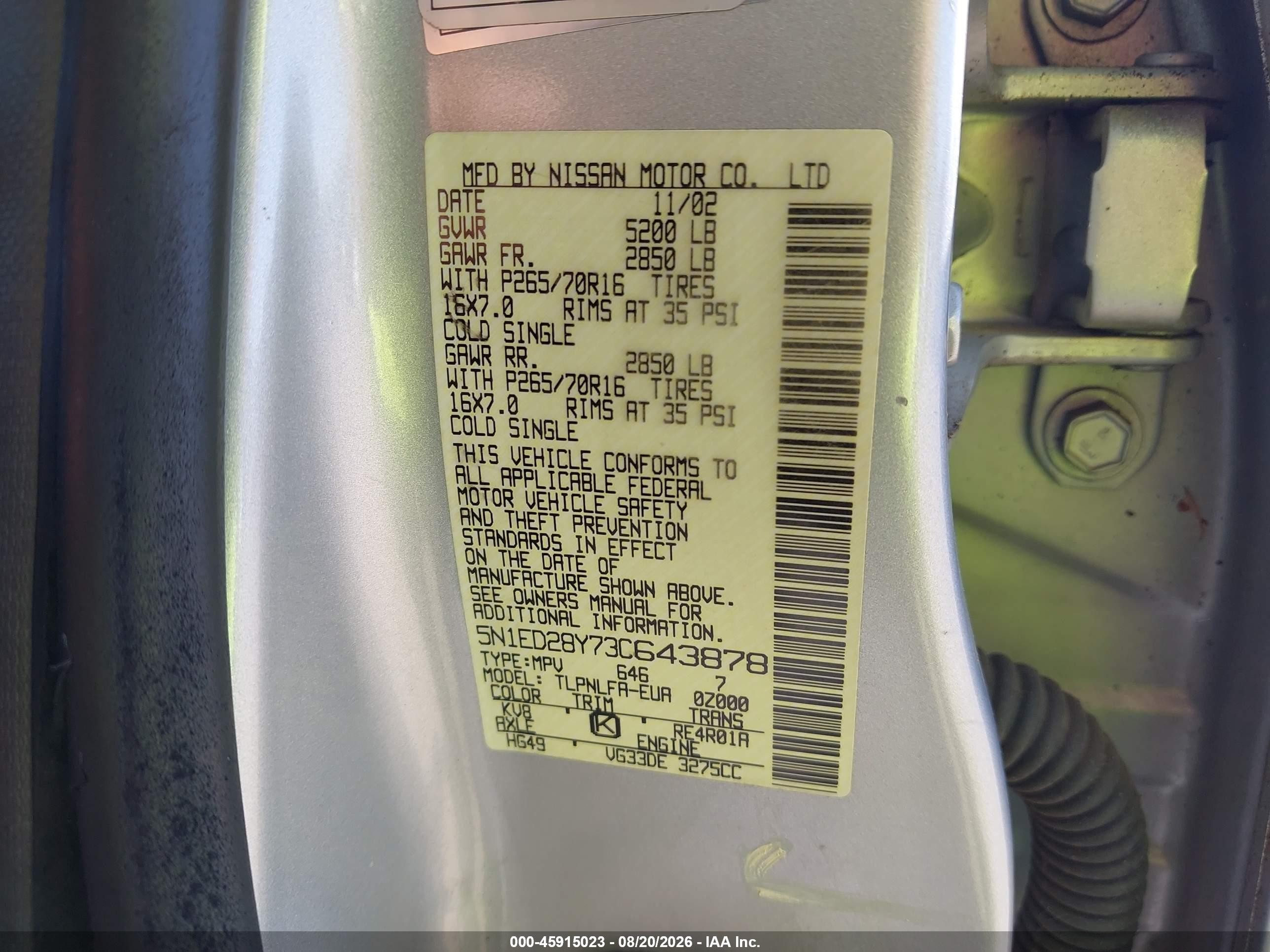 2003 Nissan Xterra Se Silver vin: 5N1ED28Y73C643878